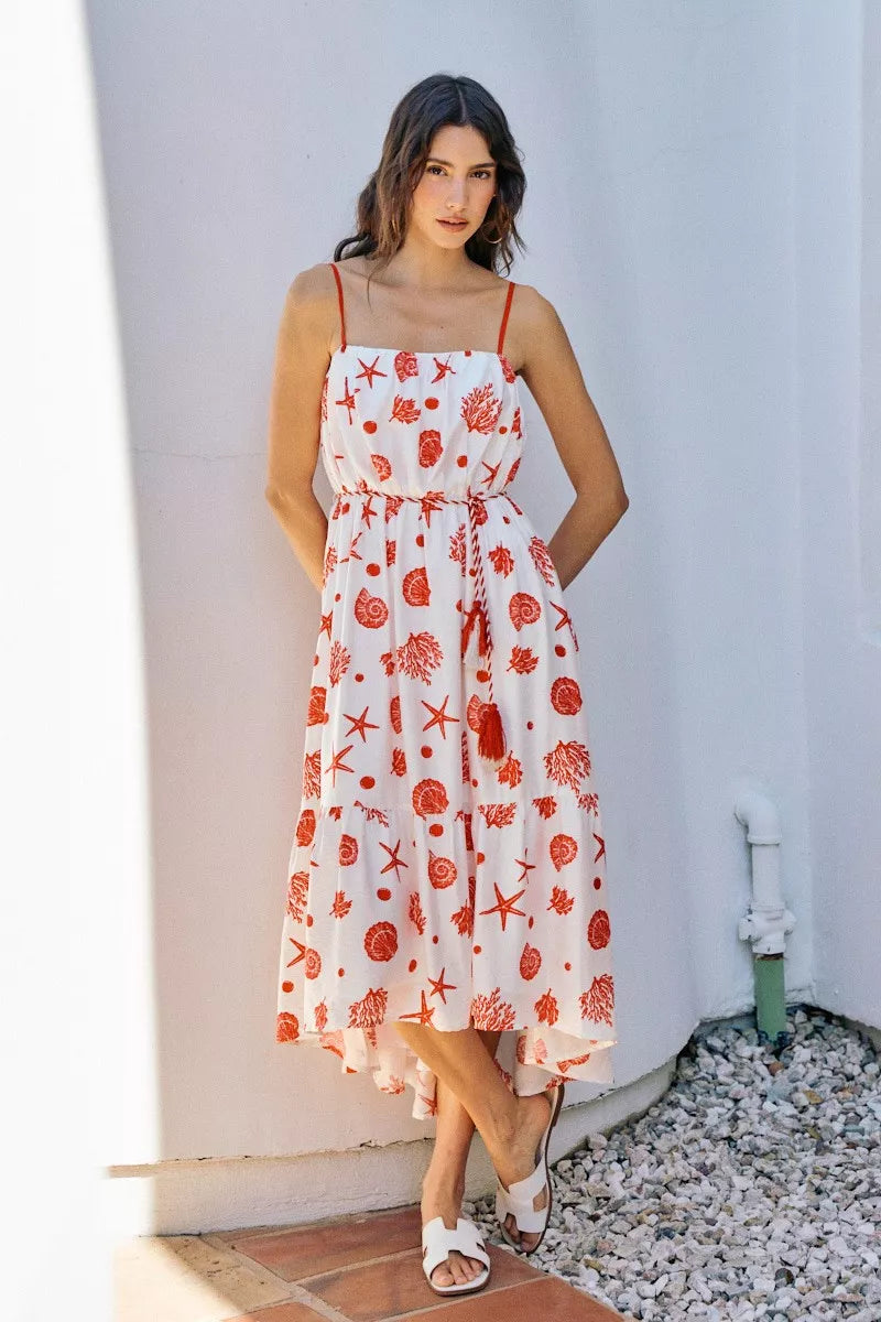 SO ME Shell Print Tiered Lined Midi Cami Dress With Belt