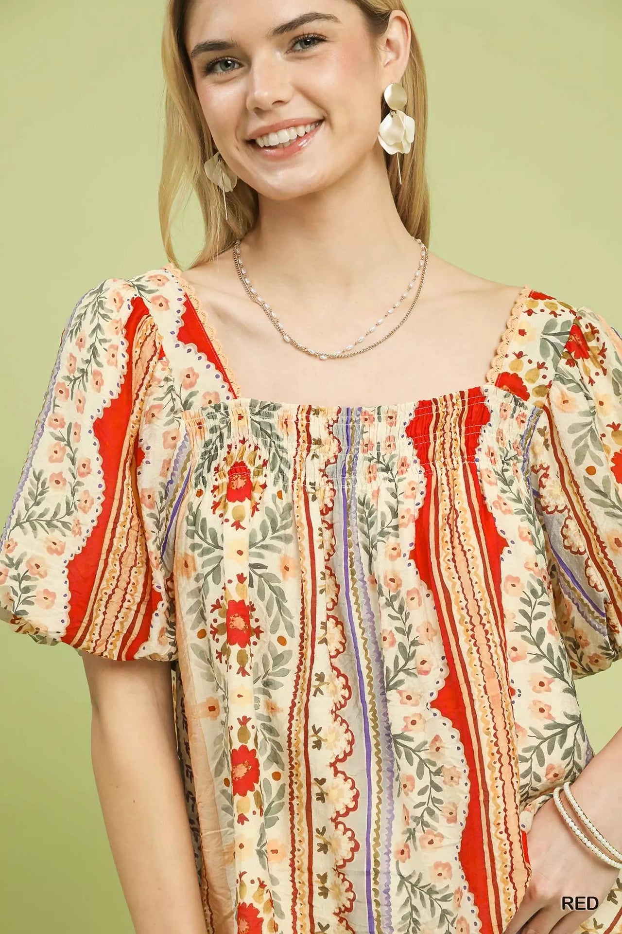 Umgee Patchwork Puff Sleeve Smocked Blouse