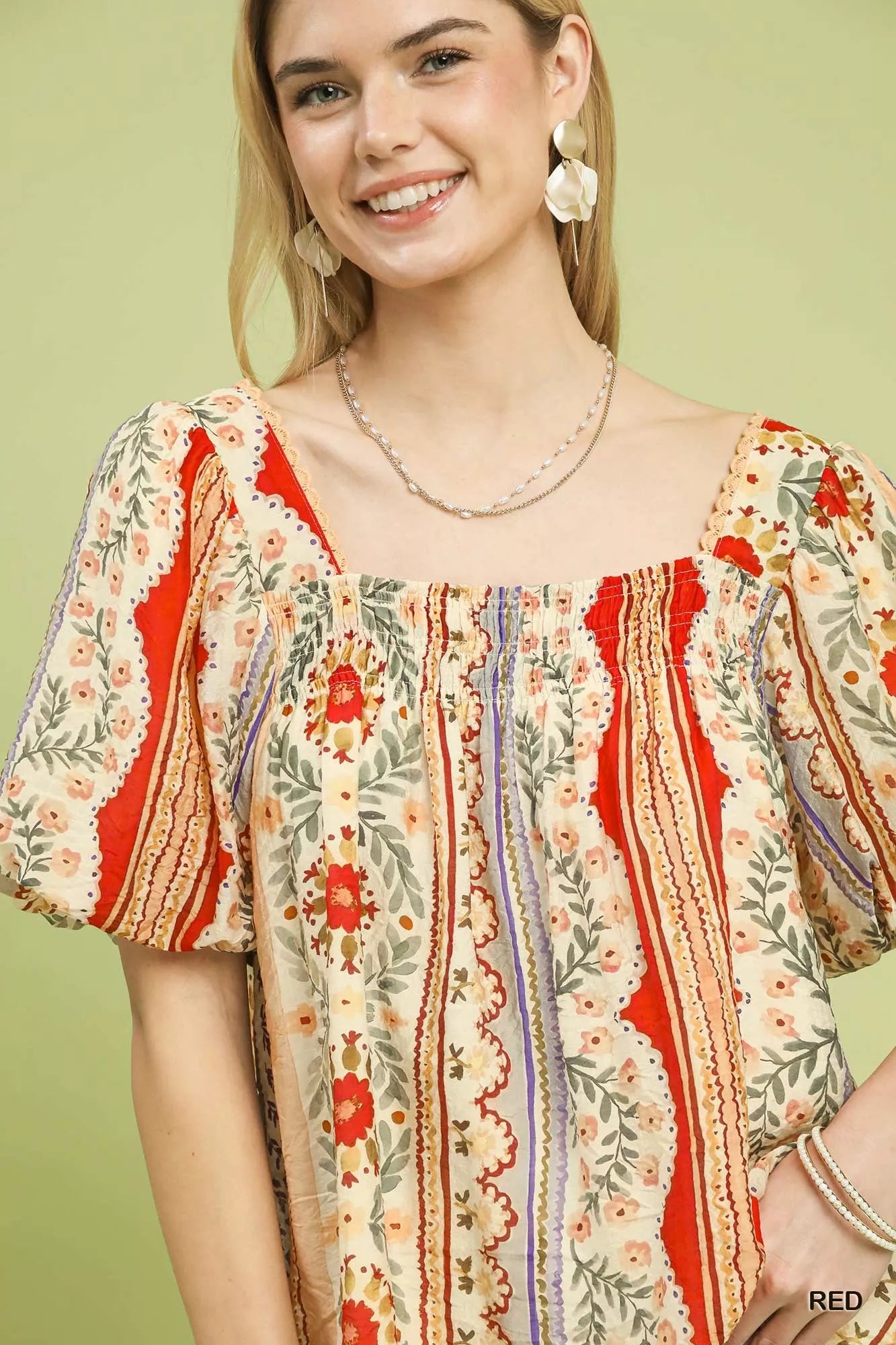 Umgee Patchwork Puff Sleeve Smocked Blouse