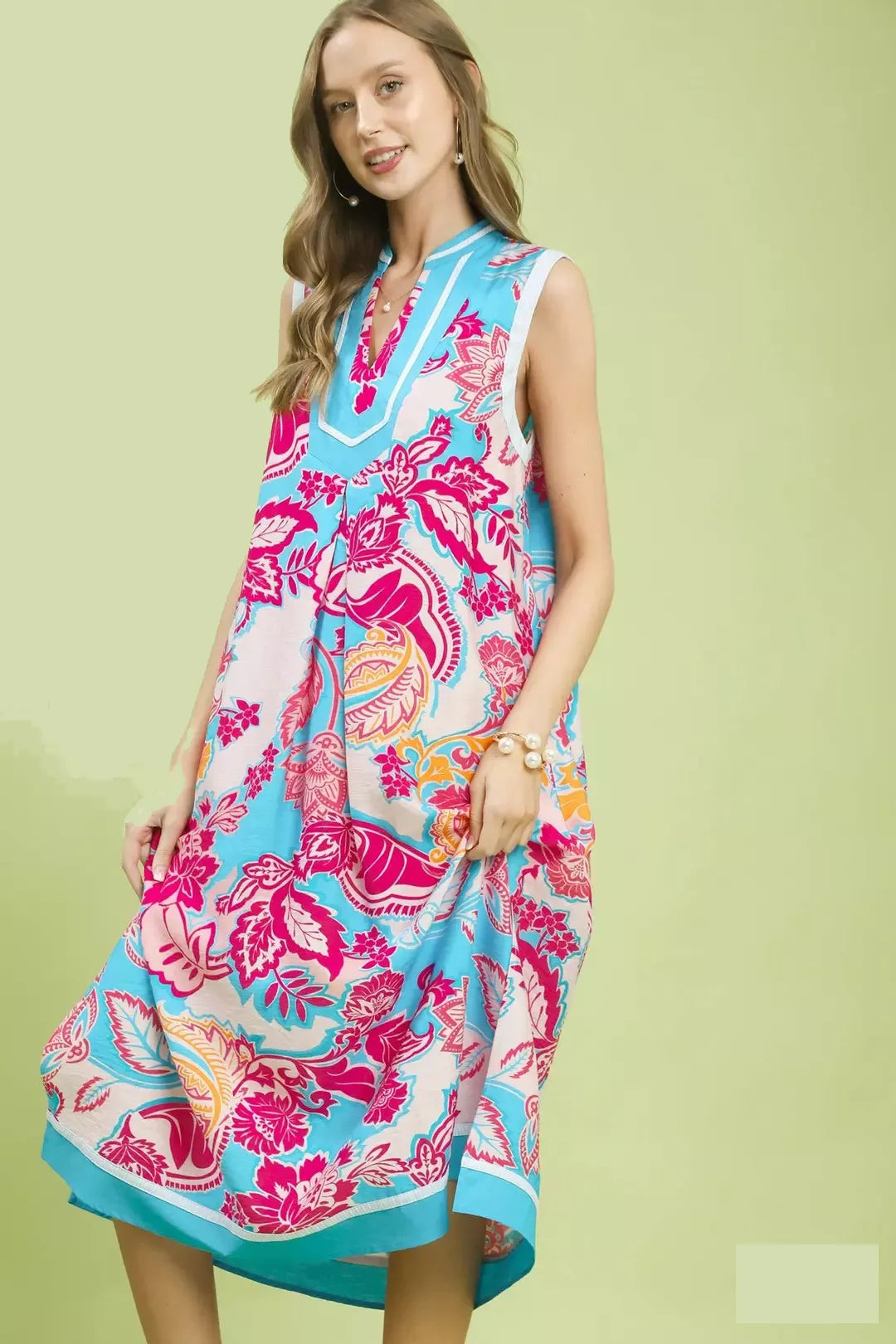 Umgee Floral Sleeveless Midi Dress with Side Pockets