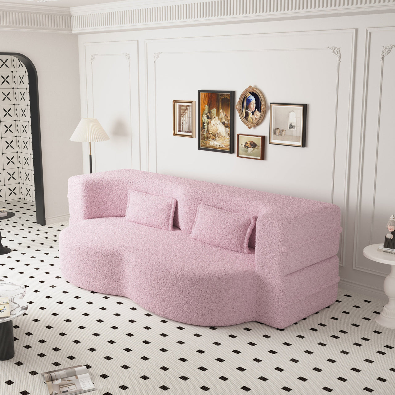 Modern Floor Sofa with 2 Pillows,Convertible Teddy Fabric Foam Filled Sleeper Sofa Bed,15 ' Full Size Folding Mattress for Living Room,Guest Bed,Playroom,No Assembly Required,Pink