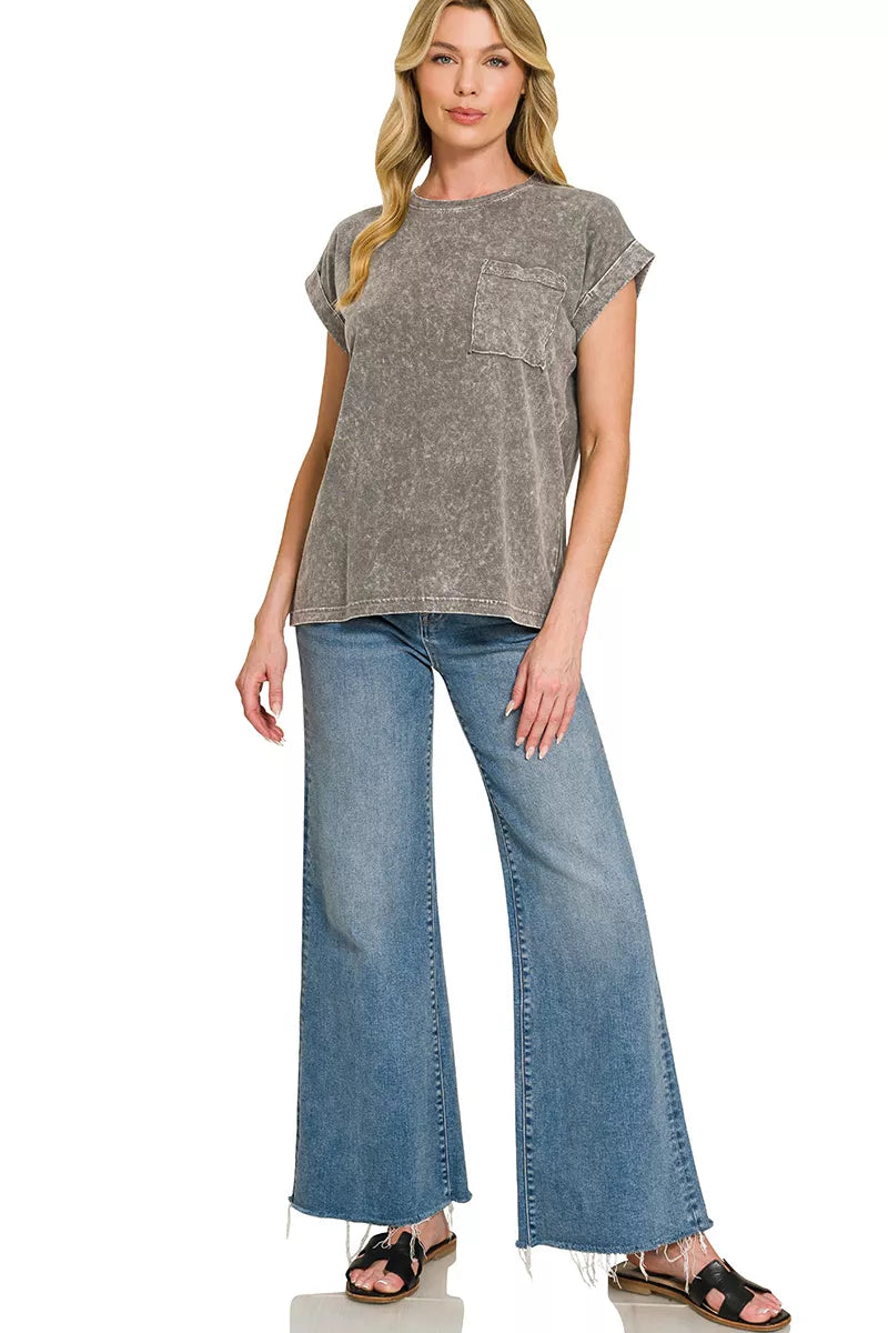 Zenana Halo Snow Washed Cuffed Short Sleeve Tee