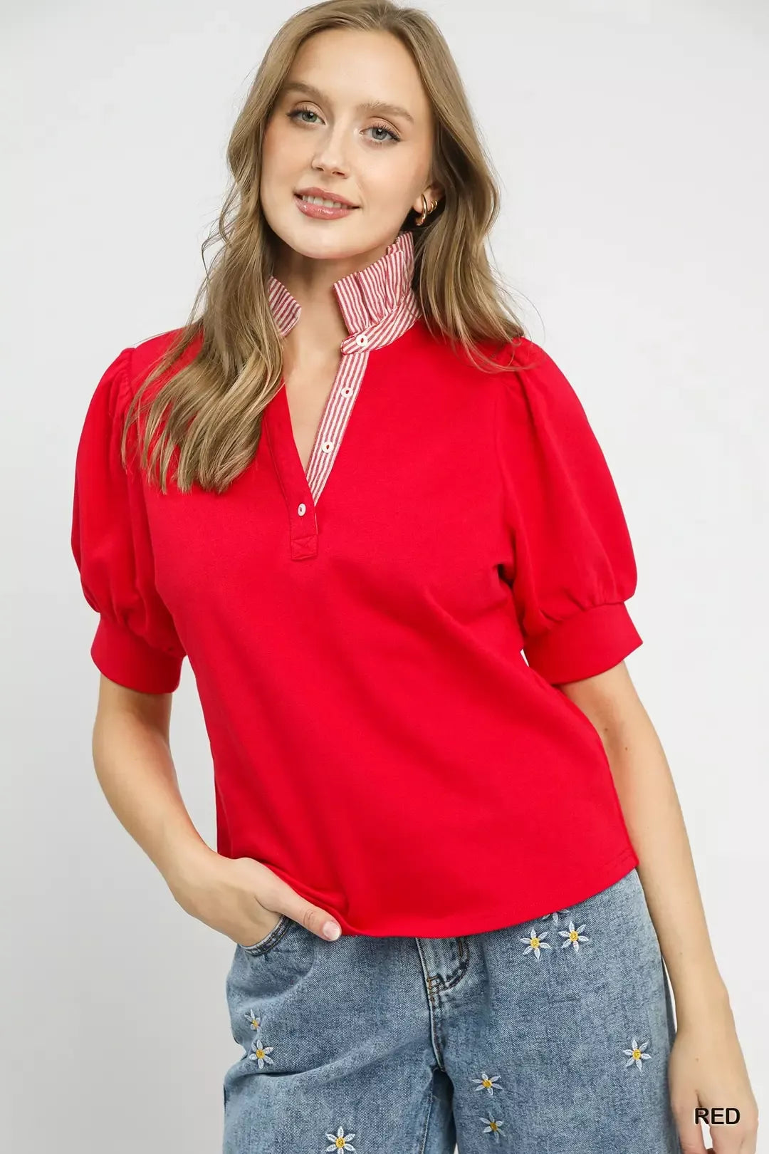 Umgee Striped Collar Popover Top