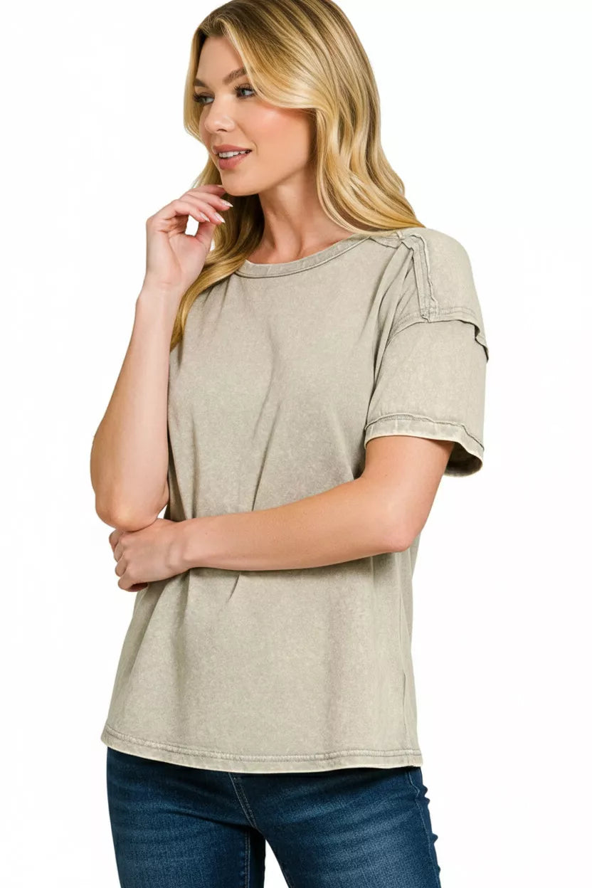 Zenana Acid Washed Round Neck T-shirts