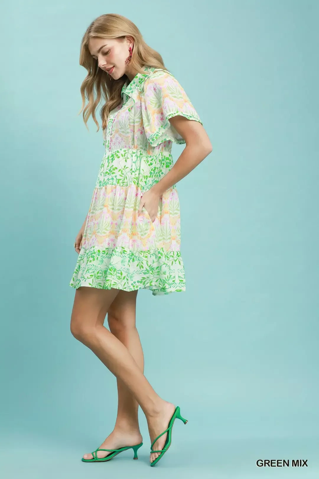 Umgee Mixed Floral Tiered Mini Dress with Flutter Sleeves