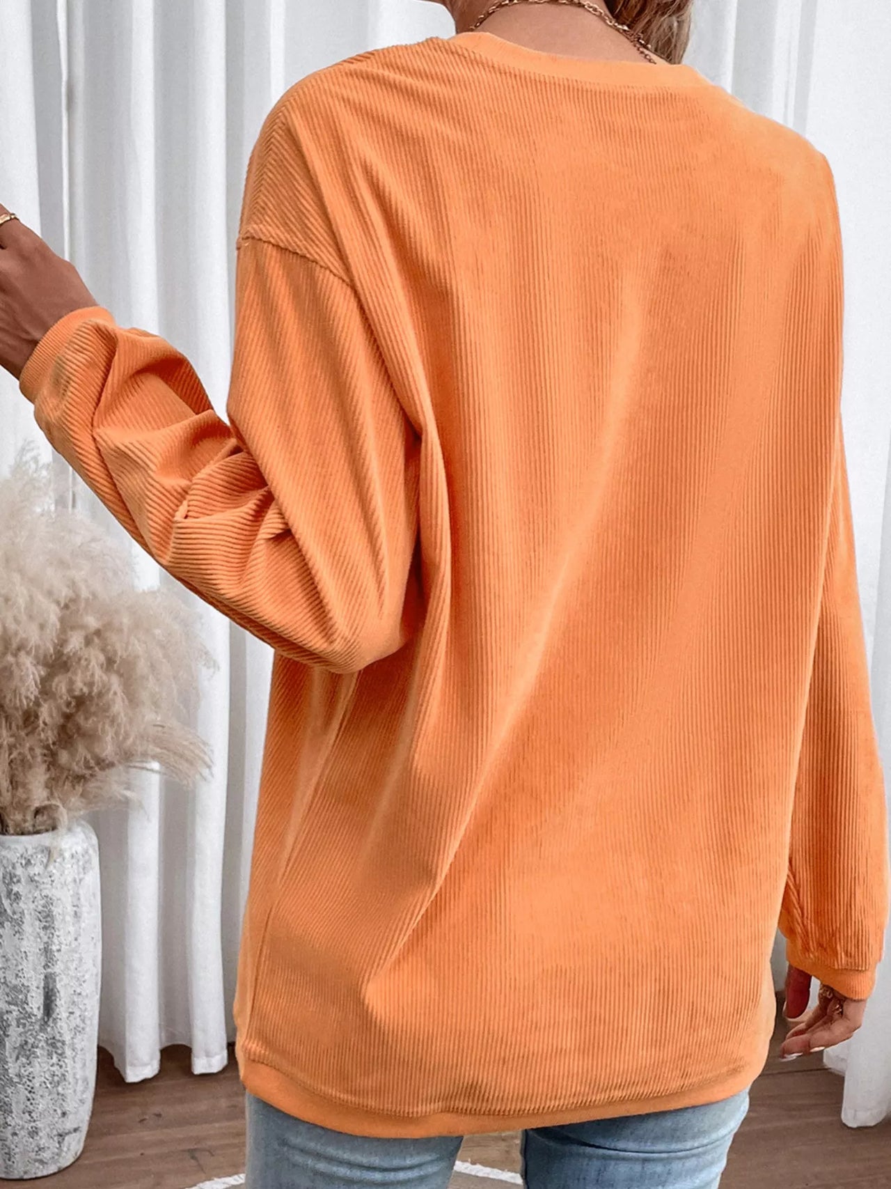 Halloween Sequined Pumpkin Ribbed Round Neck Sweatshirt