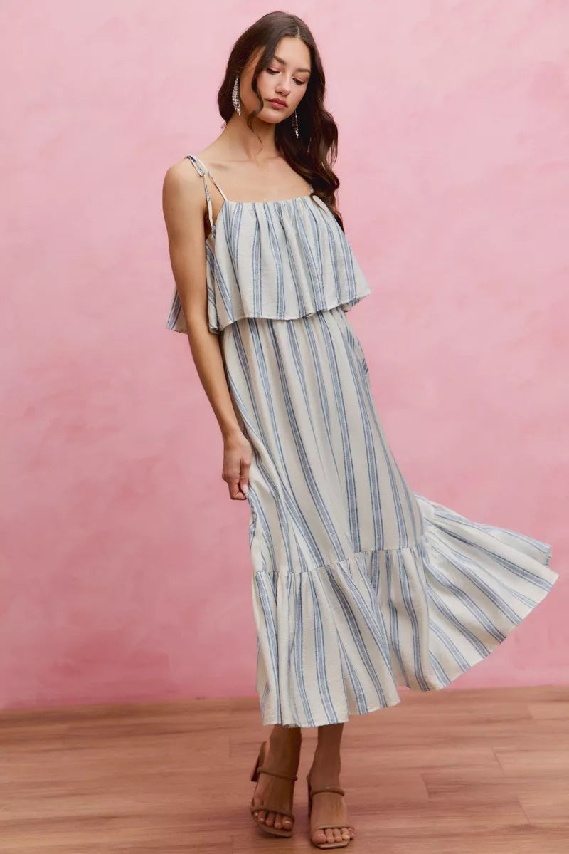 SO ME Stripe Tiered Shoulder Tie Midi Lined Dress