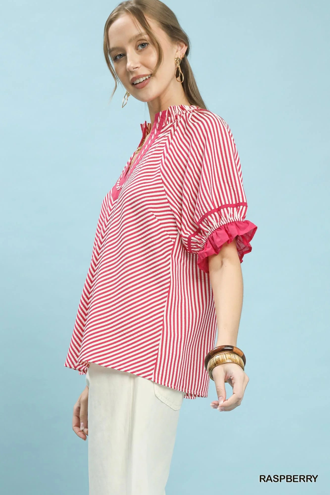 Umgee Stripe Ruffle Sleeve Split-Neck Blouse