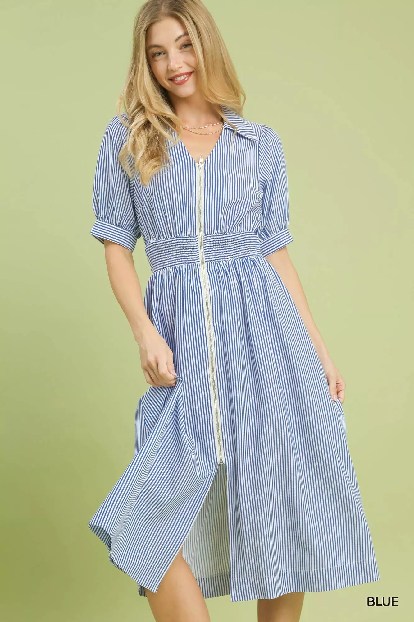 Umgee Striped Midi Dress with Front Zipper
