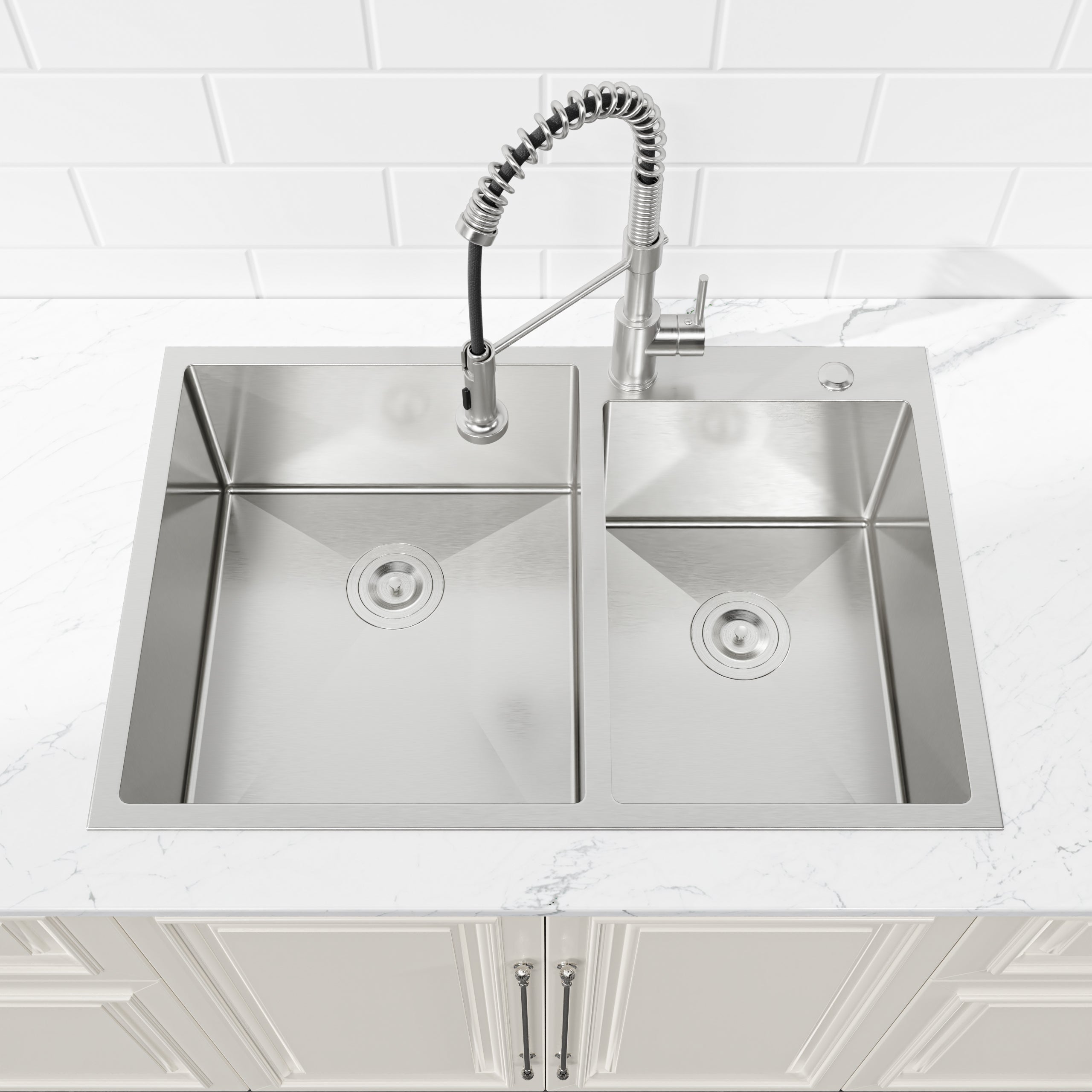 33'x19' Embedded Double Bowl Kitchen Sink, Overmount Handmade Sink in Brushed (Sink only)