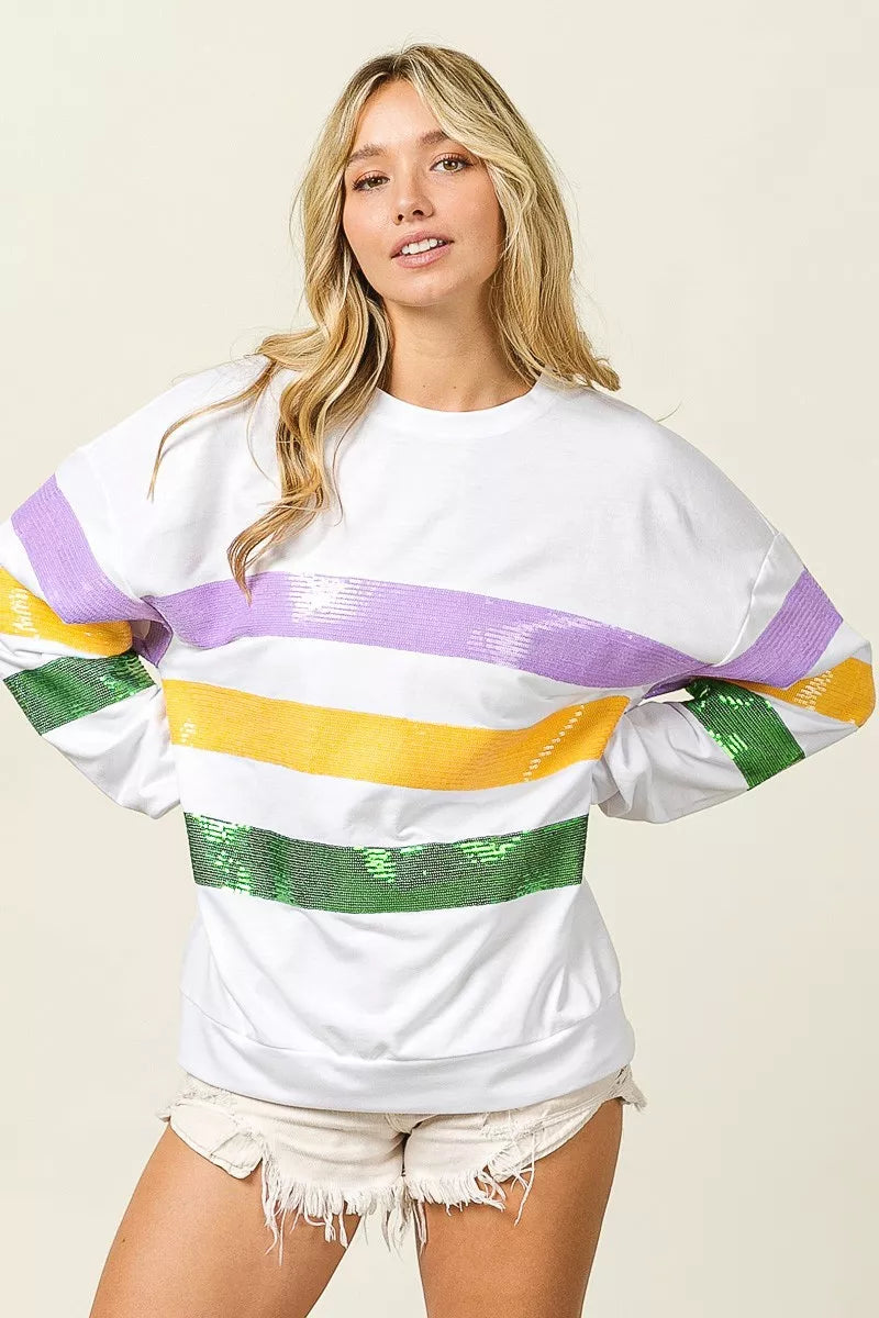 BiBi Sequin Mardi Gras Striped Round Neck Sweatshirt