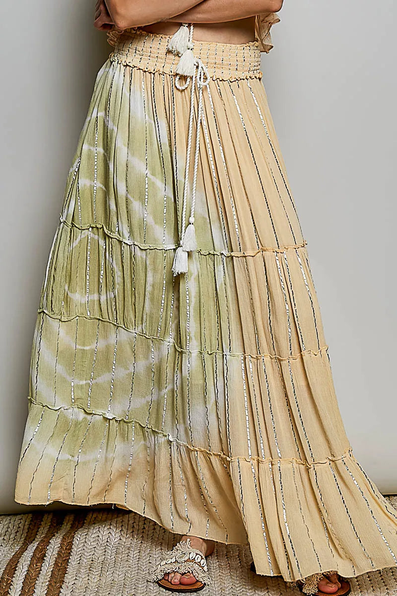 POL Shimmer Tiered Reverse Ruffle Smocked Waist Maxi Skirt