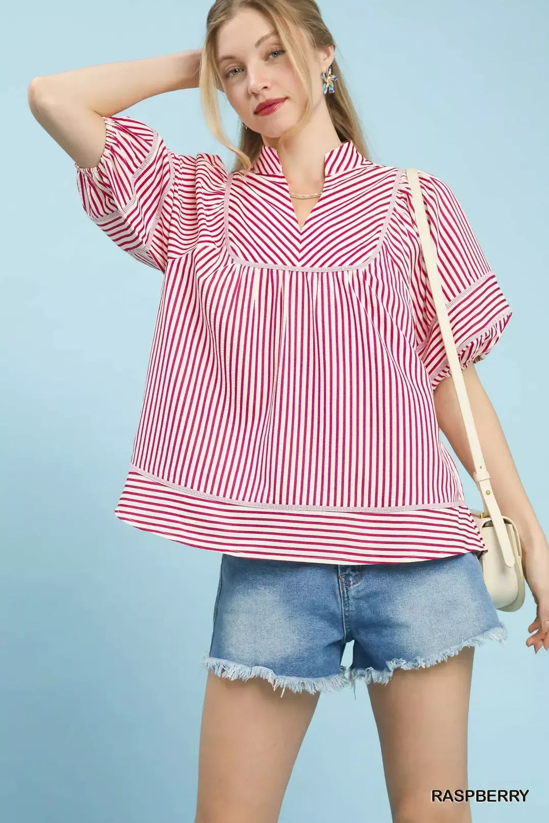 Umgee Striped Puff Sleeve Babydoll Top