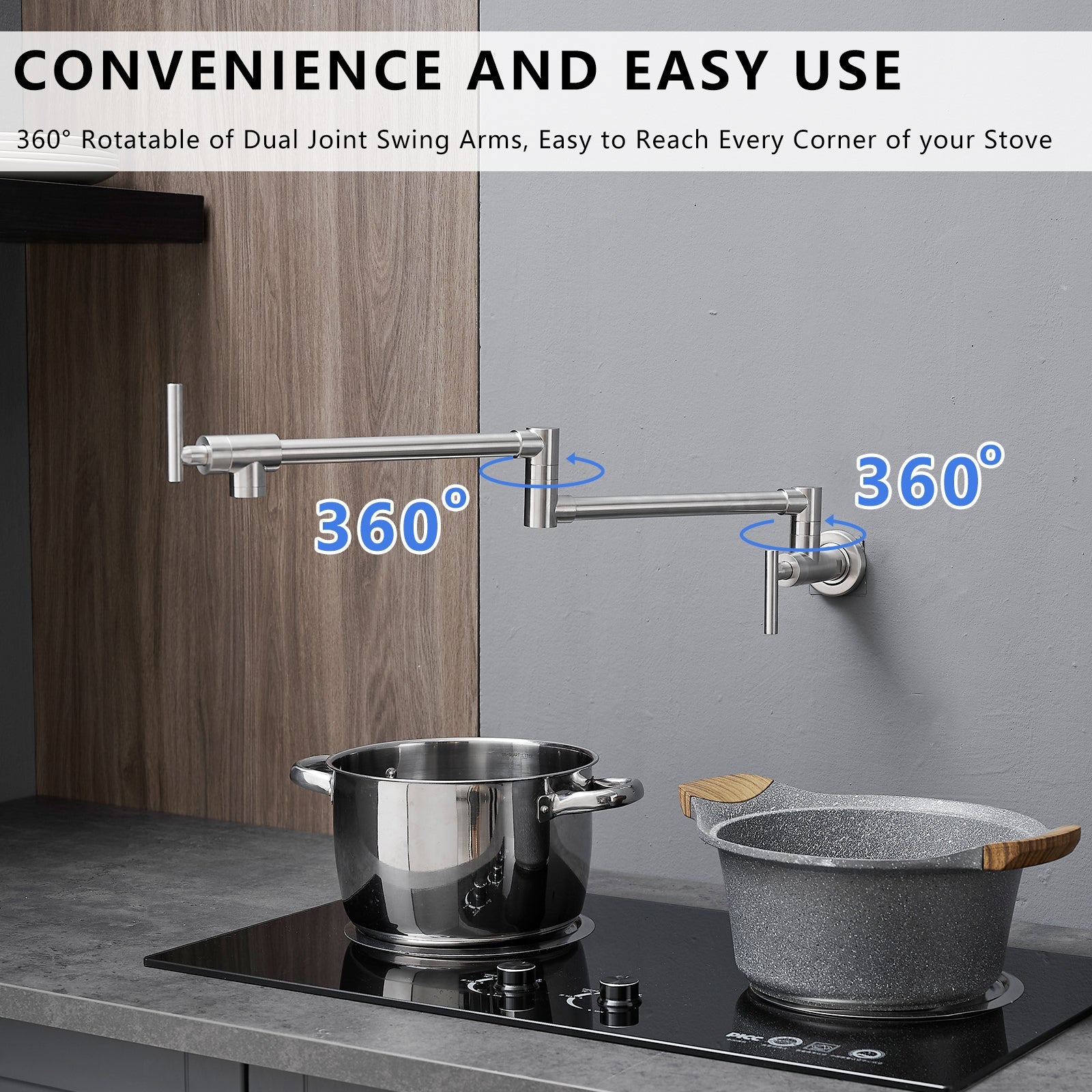 Pot Filler,Wall Mount Commercial Pot Filler Faucet,304 SS Material Kitchen Folding Faucet,Coffee Machine Faucet with Stretchable Double Joint Swing Arms,Style A,Black ened