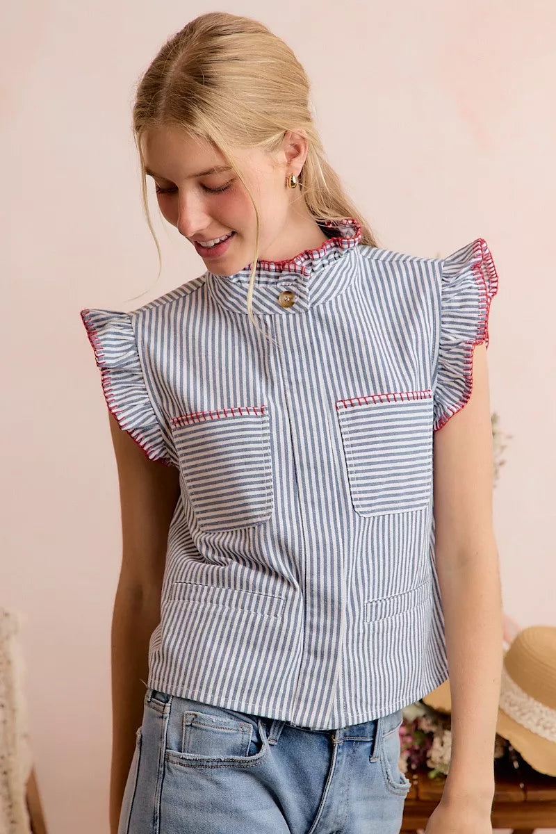 SO ME Stripe Twill Stitch Ruffled Hidden Button Vest Top