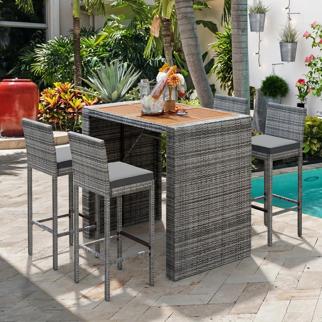 5-piece Outdoor Patio Wicker Bar Set, Bar Height Chairs With Non-Slip Feet And Fixed Rope, Removable Cushion, Acacia Wood Table Top, Brown Wood And Gray Wicker