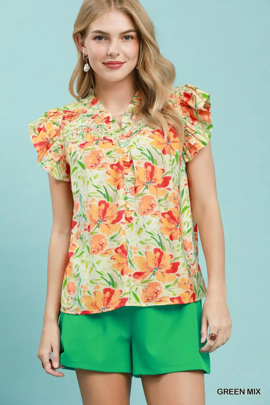 Umgee Smocked Yoke Ruffle Sleeve Floral Blouse