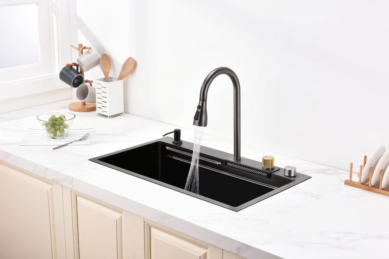 Waterfall Kitchen Sink, Stainless Steel Single Bowl in Black, Multifunctional Workstation with Flying-rain Faucet and Cutting Board, 30×18″ Stainless Steel Single Bowl Sink, LS-SSBL05