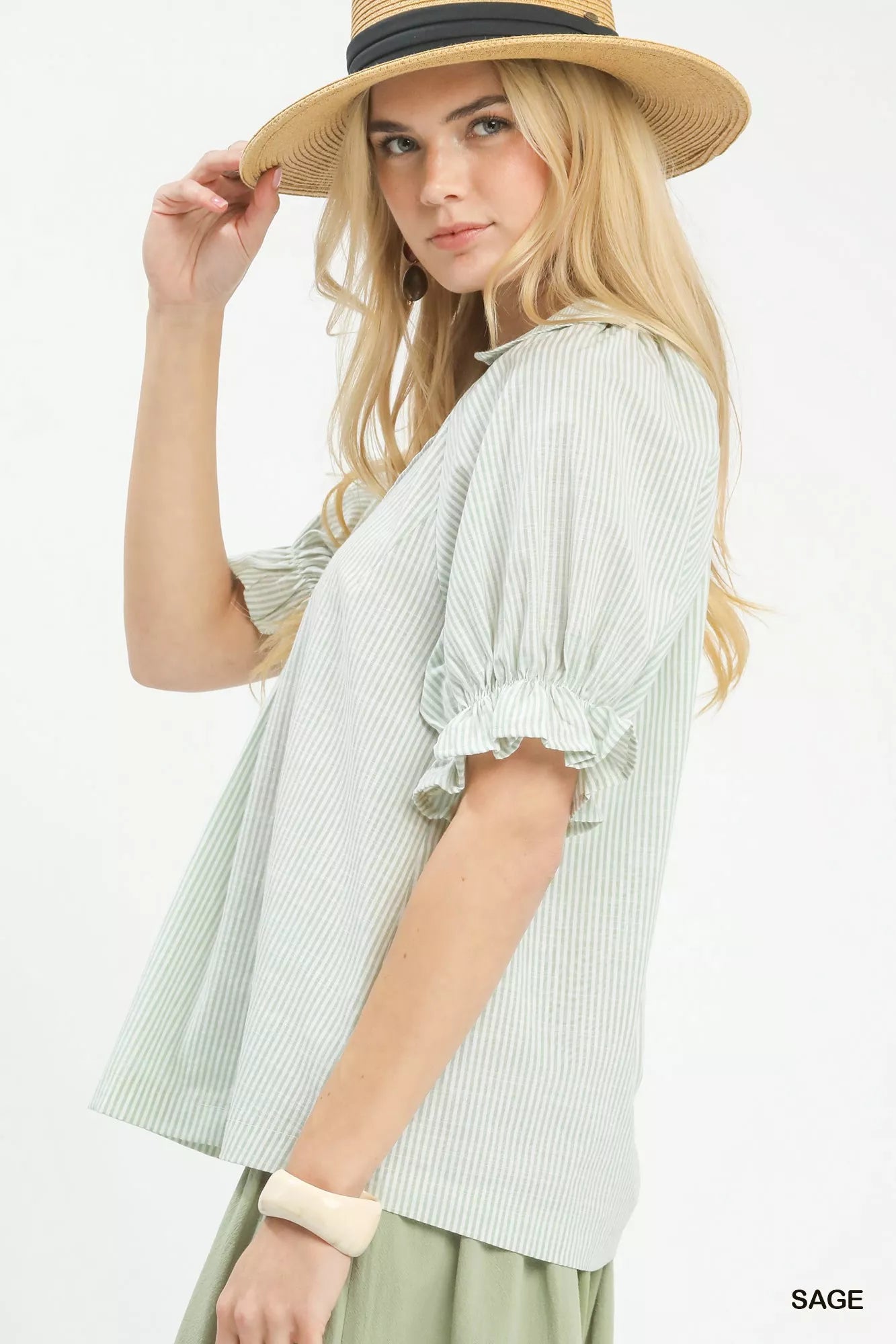 Umgee Pinstripe V-Neck Ruffle Sleeve Blouse