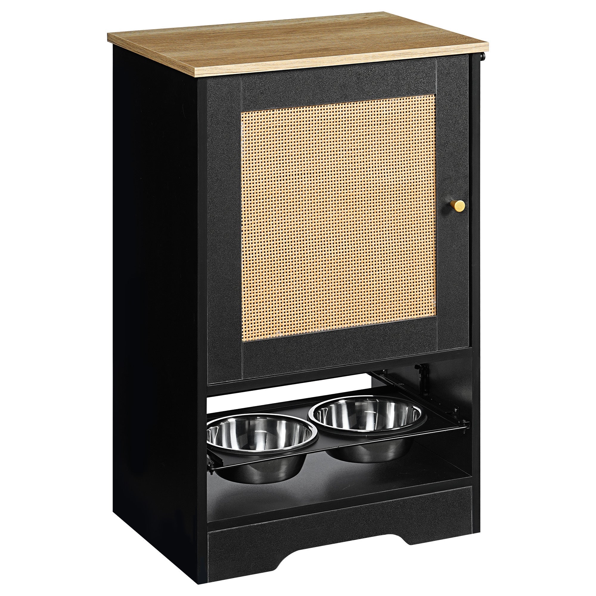 Feeding Station with 1 Storage Cabinets, Pet Feeding Station with 2 Elevated Dog Bowls, Side Hooks, Anti-tip Kit, Hidden Pet Feeder Station for Feeding & Watering, Black