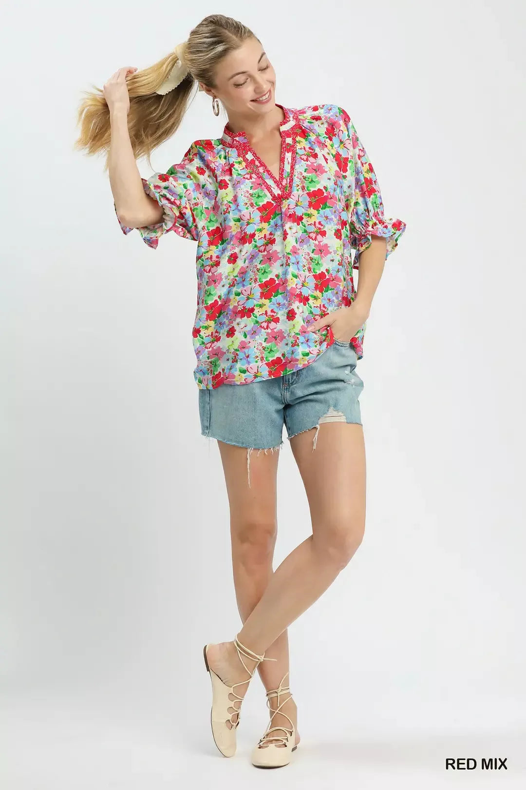 Umgee Mix Floral Print Ruffle Top