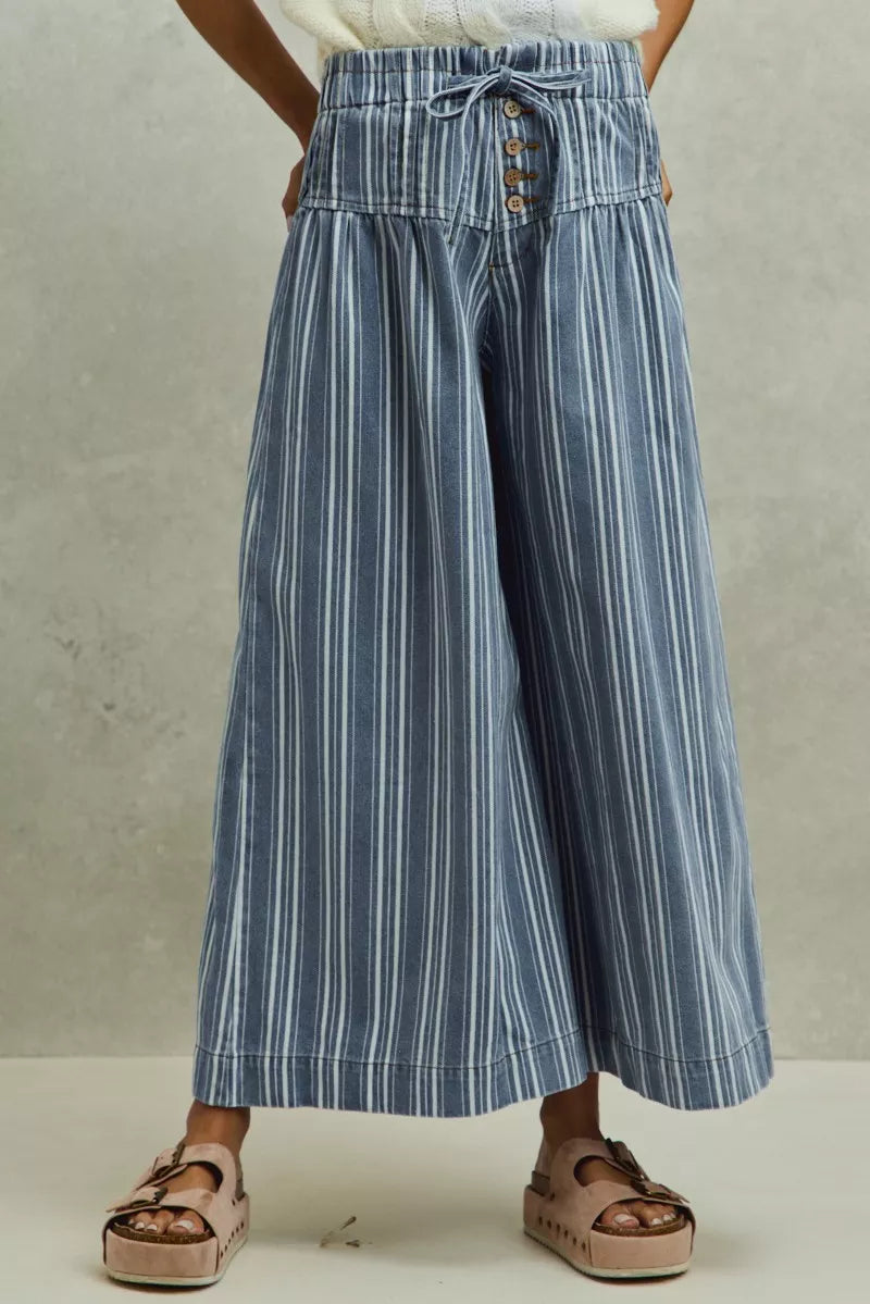 SO ME Mid Rise Stripe Denim Washed Pleat Wide Leg Pants