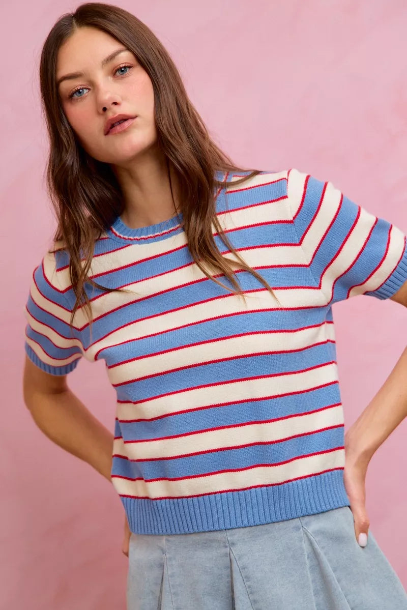 SO ME Stripe Knit Crew Neck Short Sleeves Sweater Top