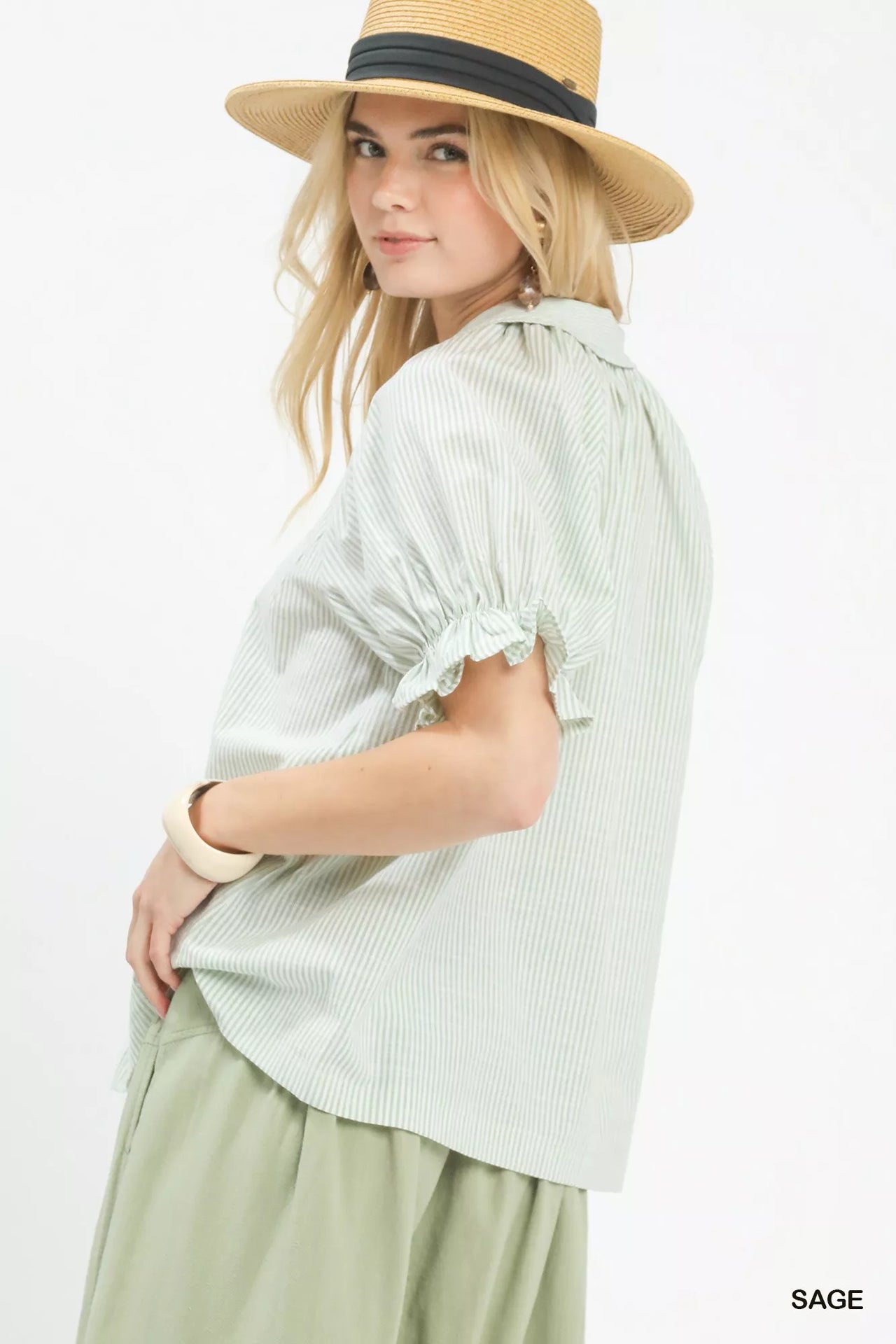 Umgee Pinstripe V-Neck Ruffle Sleeve Blouse