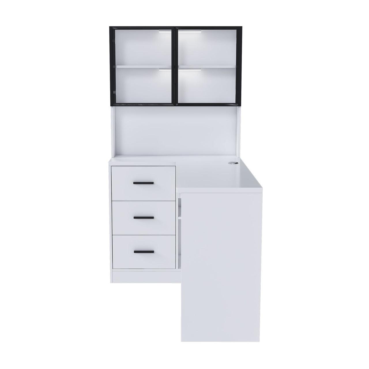 White L-Shaped Computer Desk with Glass Cabinets, Built-In LED Lights, USB Charging Ports, and Keyboard Tray - Ergonomic Office Furniture for Home and Corporate Workspaces