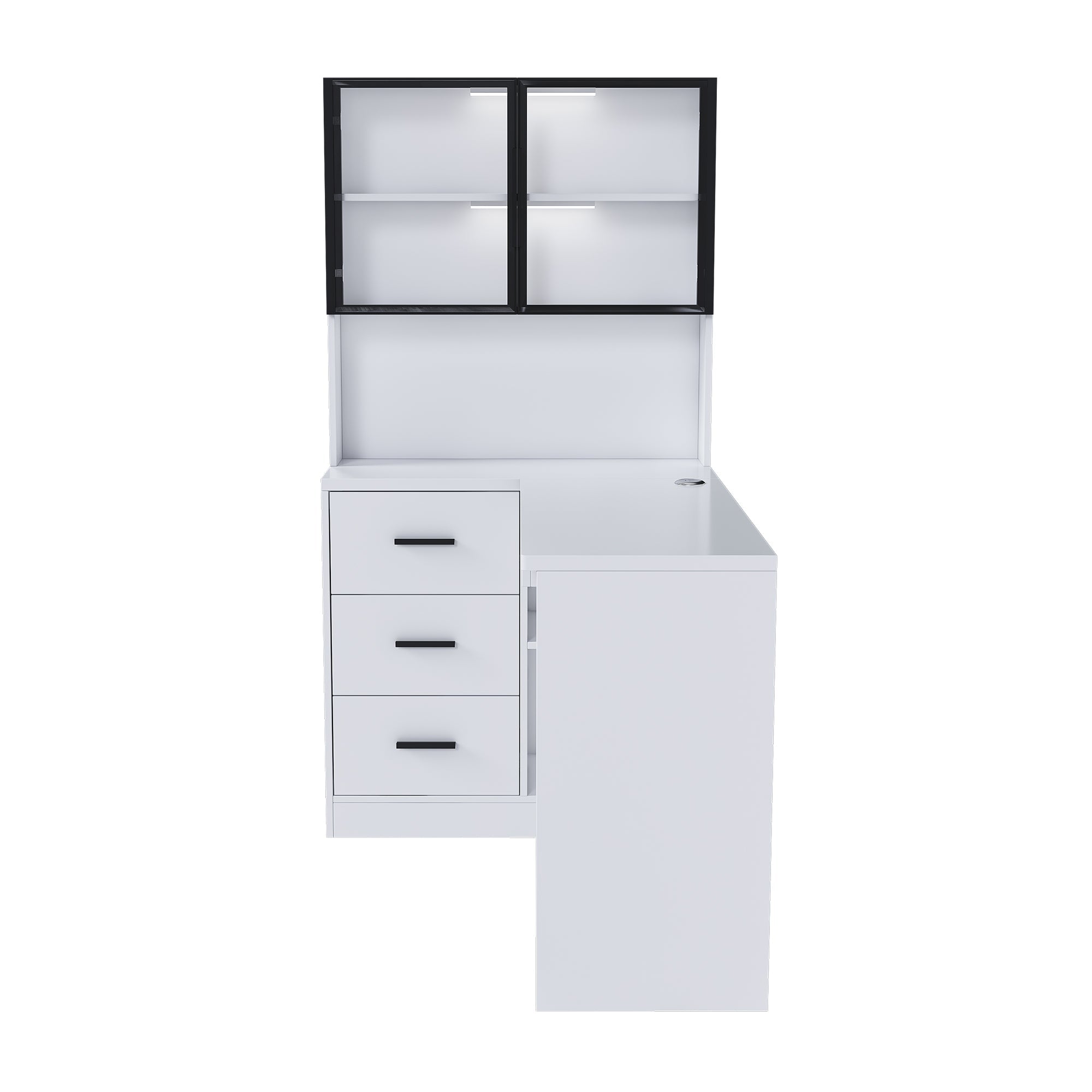 White L-Shaped Computer Desk with Glass Cabinets, Built-In LED Lights, USB Charging Ports, and Keyboard Tray - Ergonomic Office Furniture for Home and Corporate Workspaces