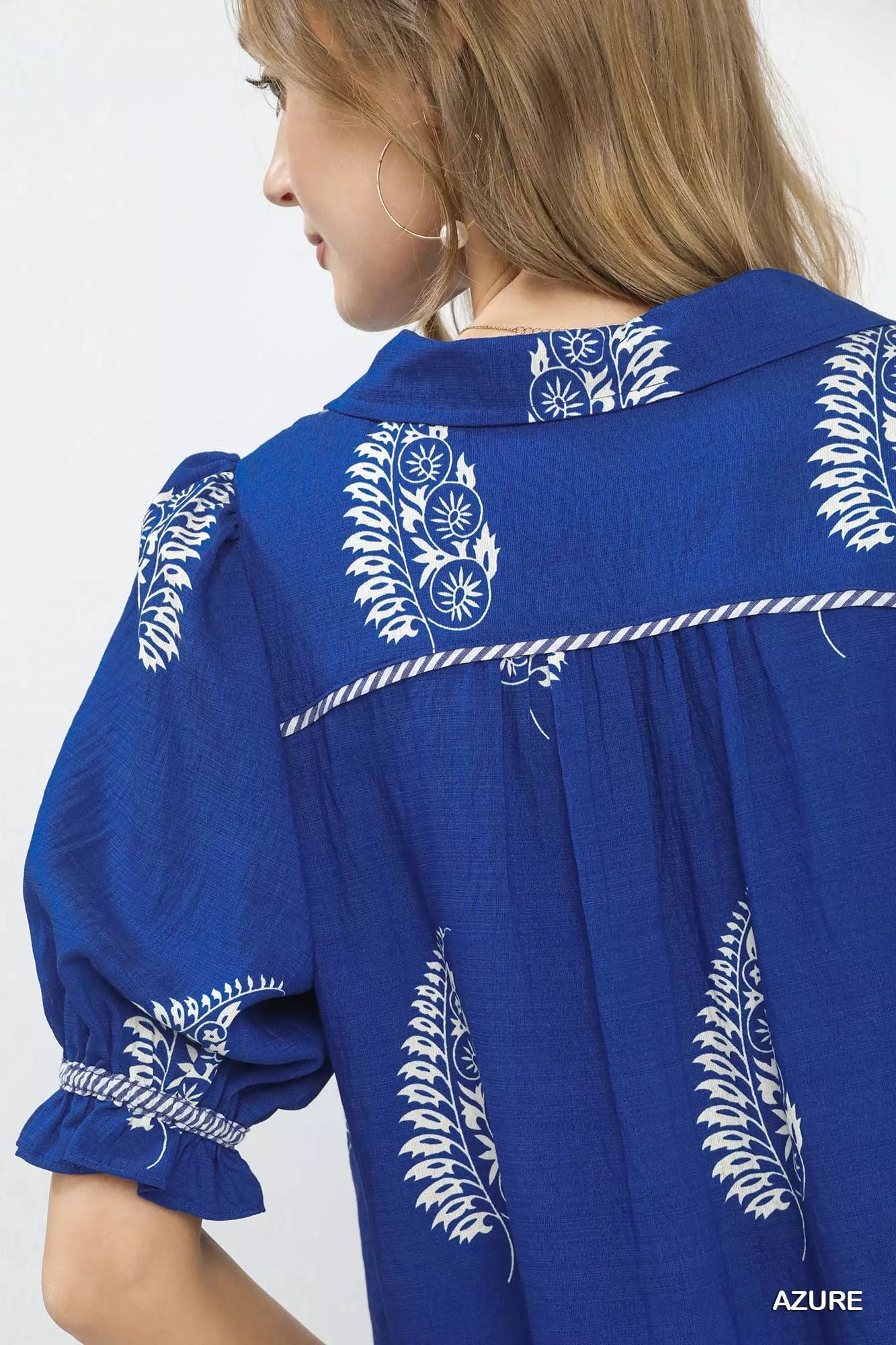 Umgee Printed Puff Sleeve Split Neck Top