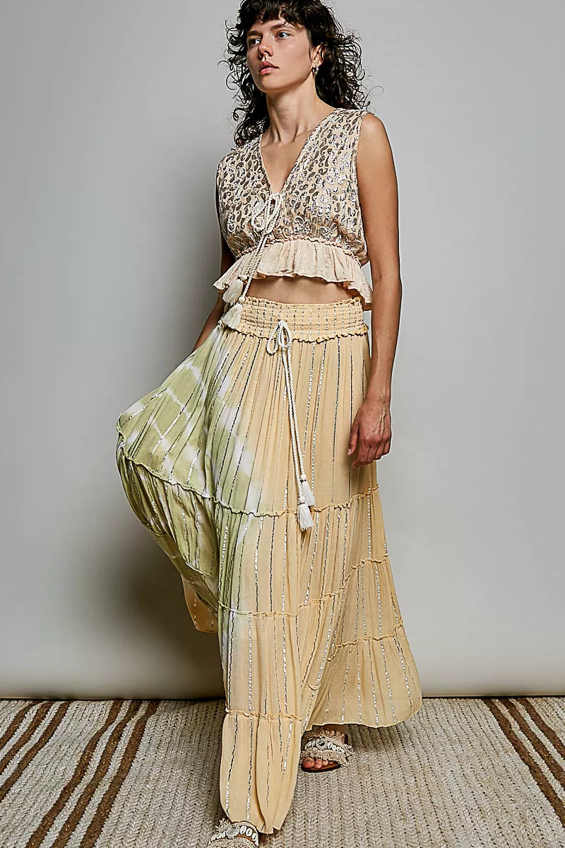 POL Shimmer Tiered Reverse Ruffle Smocked Waist Maxi Skirt