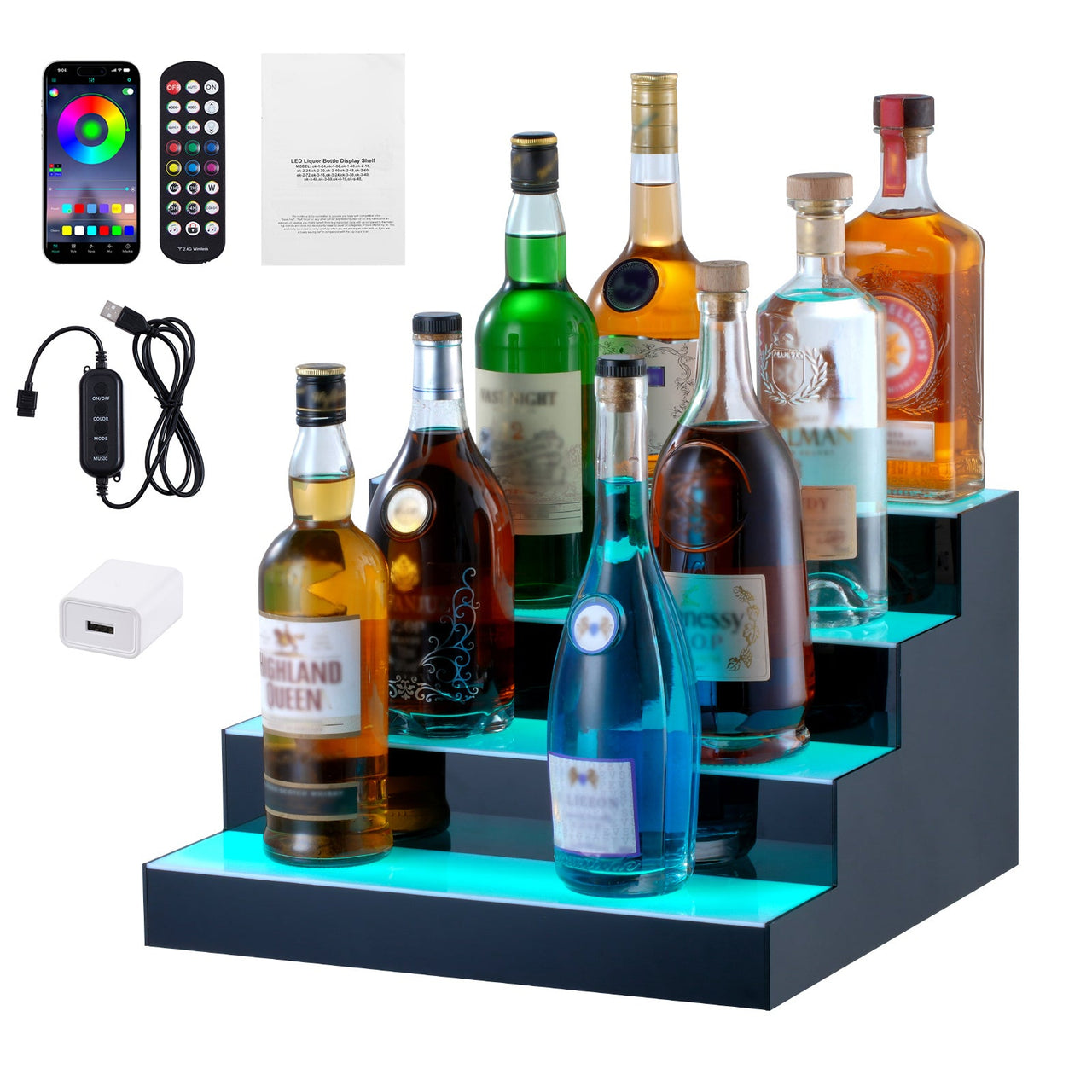 LED Lighted Liquor Bottle Display Bar Shelf RF & App Control 16' 4-Step