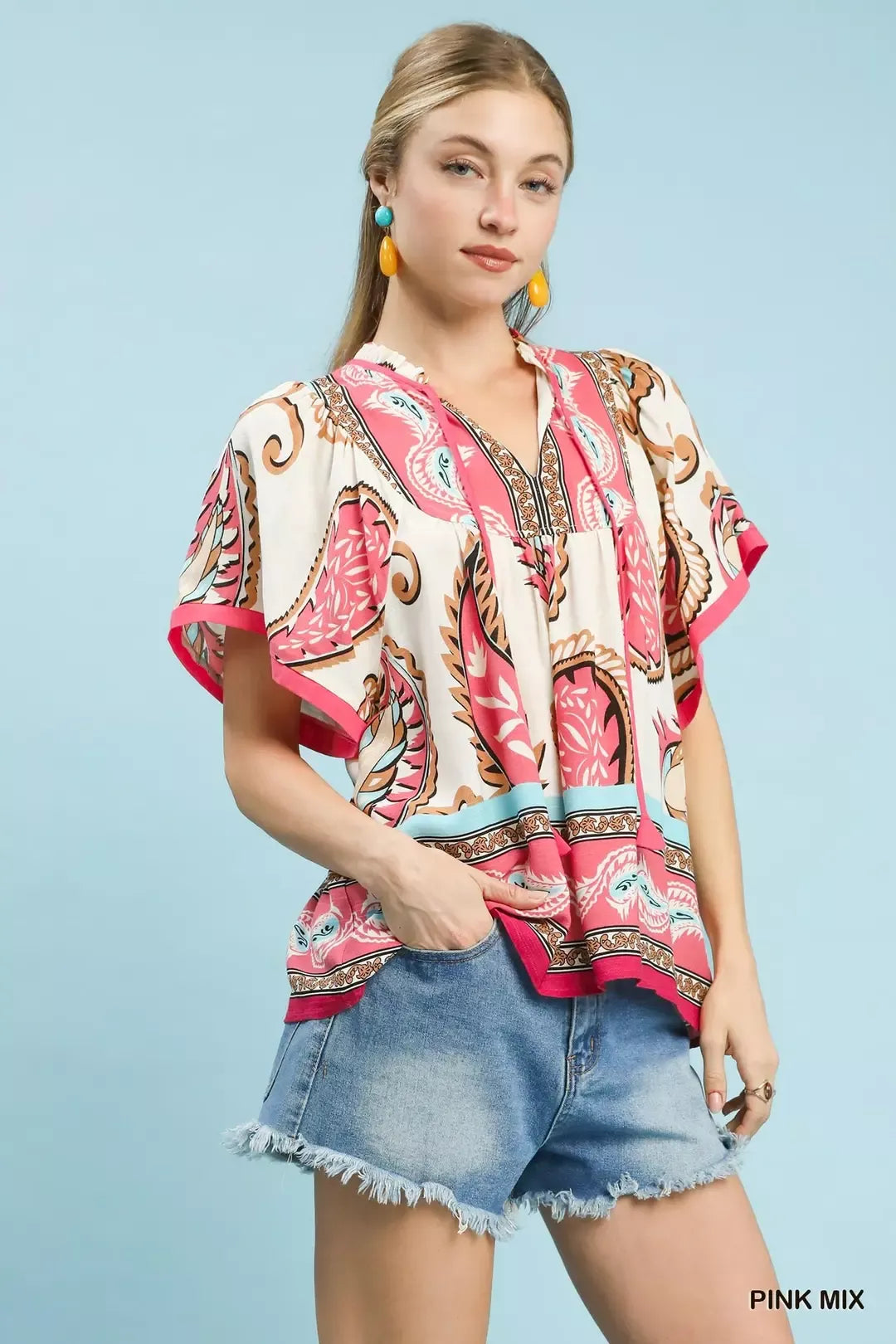 Umgee Mix Paisley Border Print Tassel Top