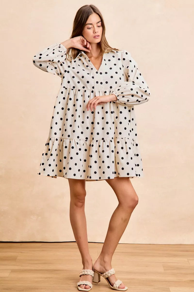 BiBi Polka Dot Corduroy Collared V Neck Dress