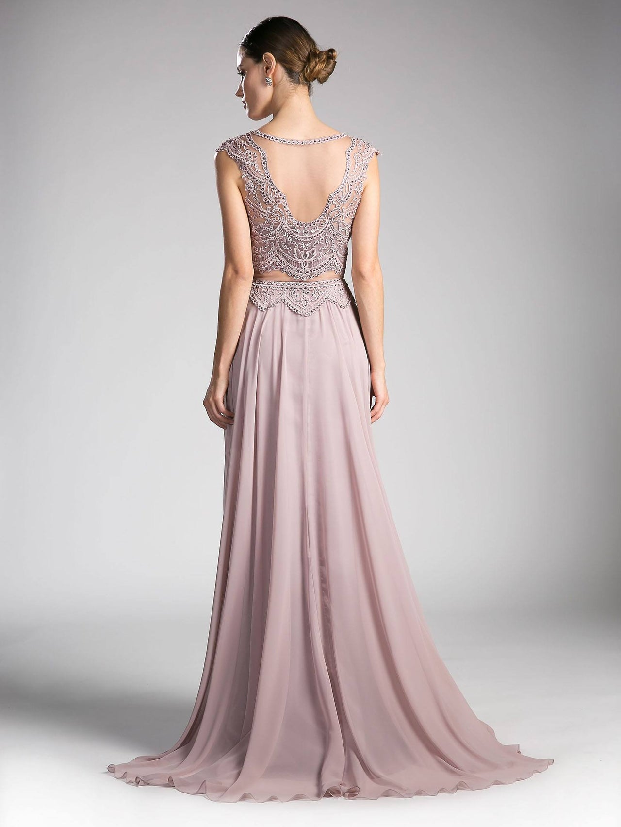 Cinderella Divine CD0113 Illusion Beaded Formal Gown Cap Sleeves