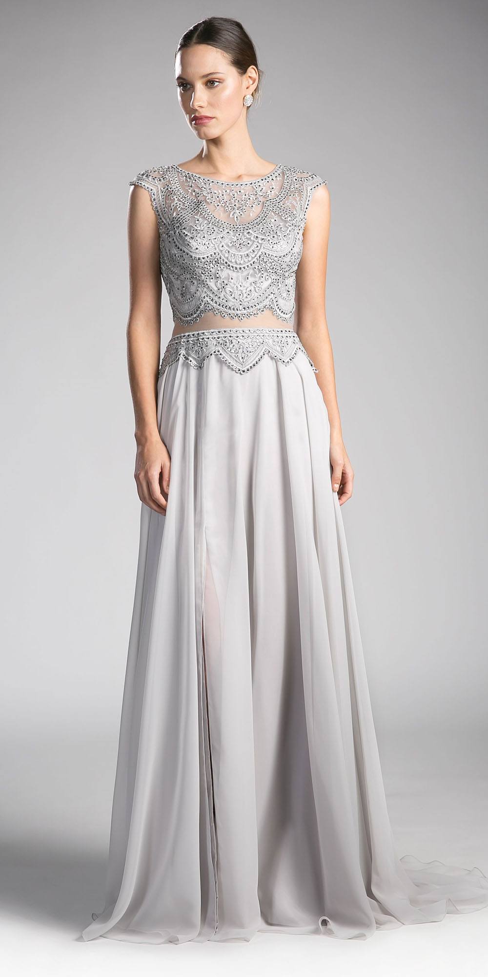 Cinderella Divine CD0113 Illusion Beaded Formal Gown Cap Sleeves
