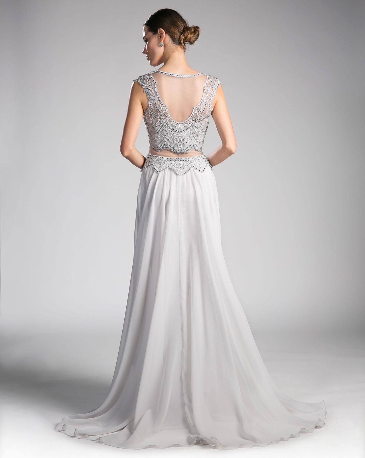 Cinderella Divine CD0113 Illusion Beaded Formal Gown Cap Sleeves