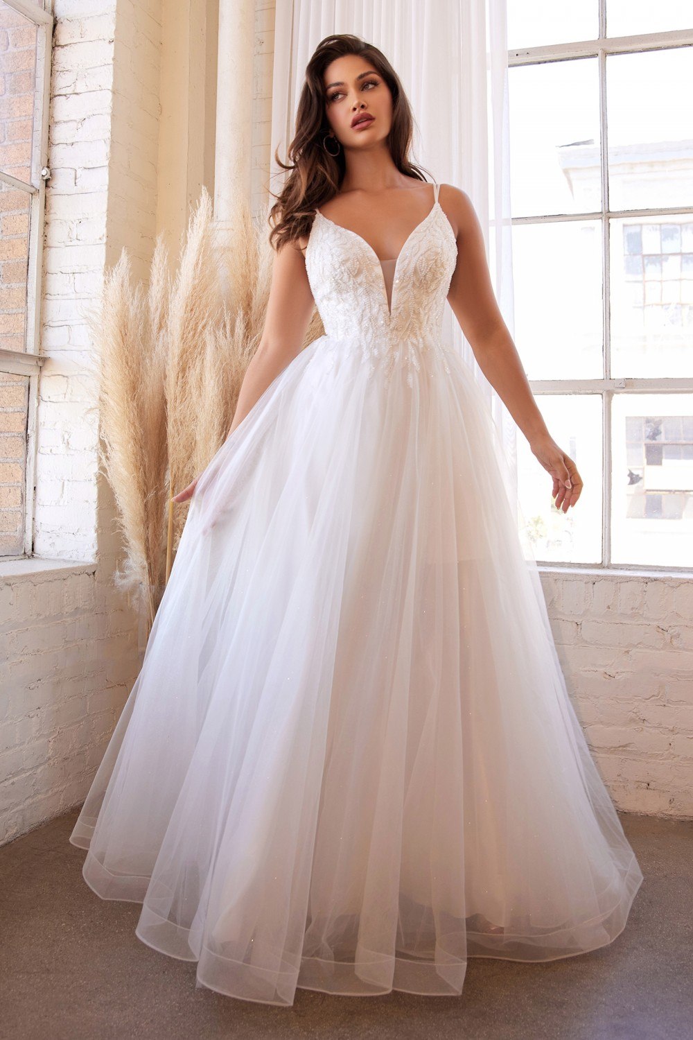Cinderella Divine CD0154W Long Layered Tulle Dress Beaded Applique Bodice