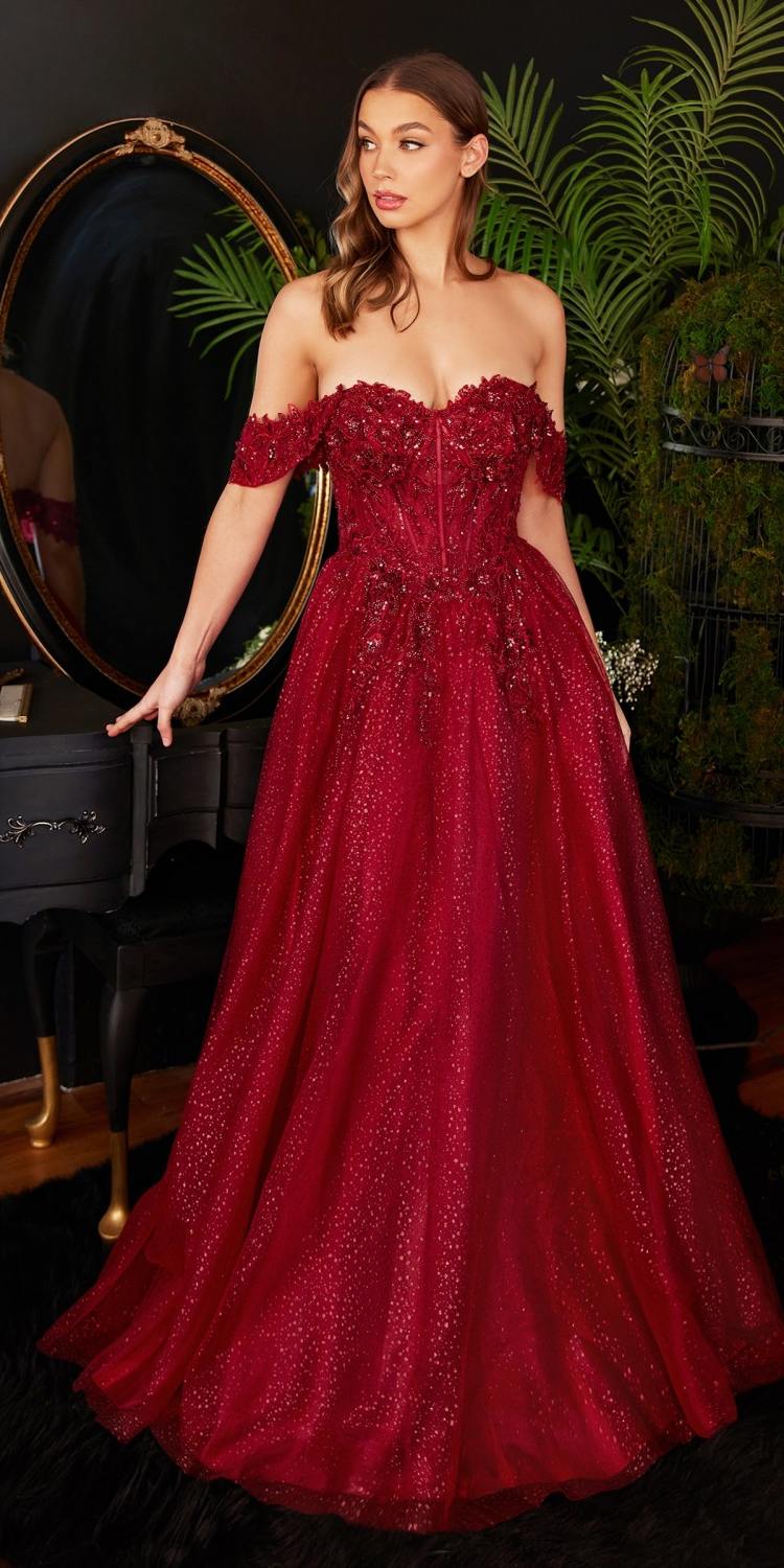 Cinderella Divine CD0198 Long Lace A-Line Gown with Off the Shoulder Sleeves