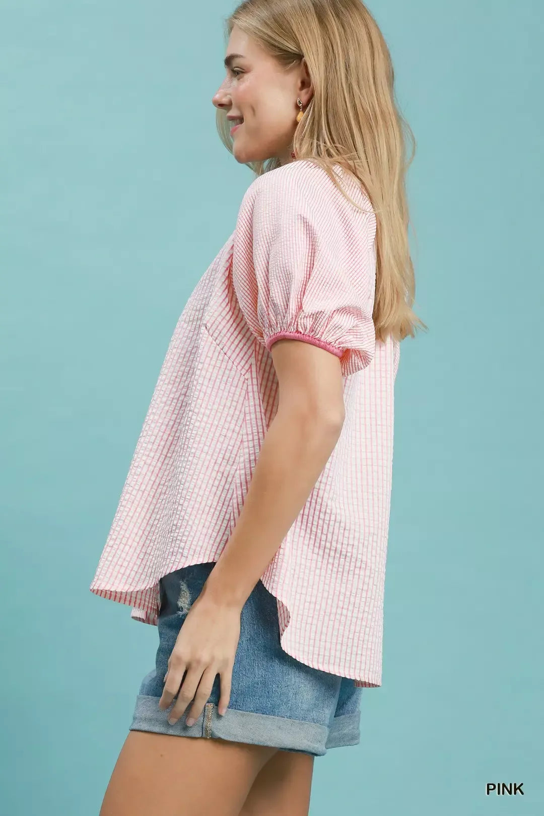 Umgee Checker Puff Sleeve Button Front Blouse