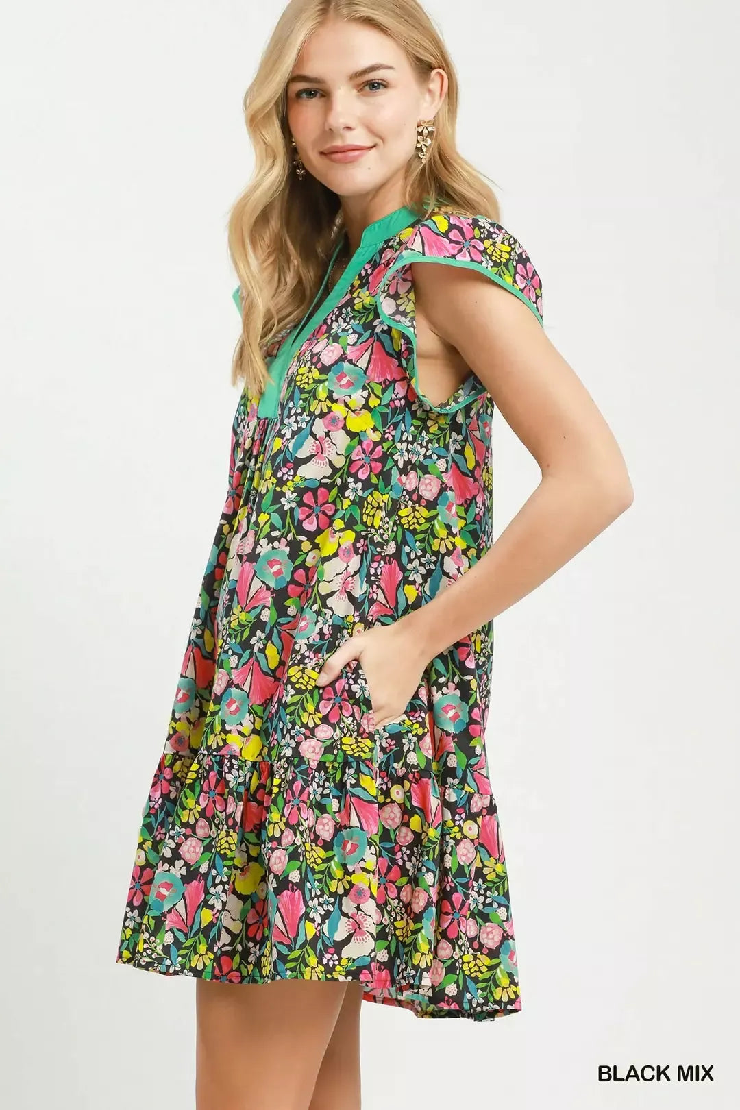 Umgee Floral Flutter Sleeve Tiered Mini Dress