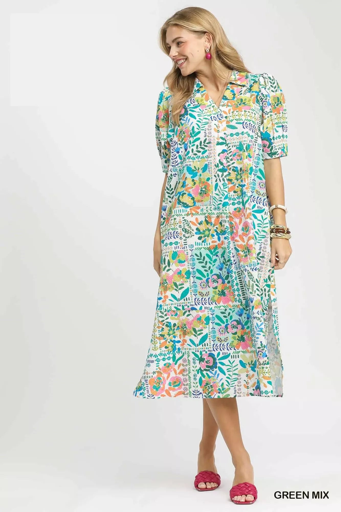 Umgee Folk Print Midi Dress with Side Pockets