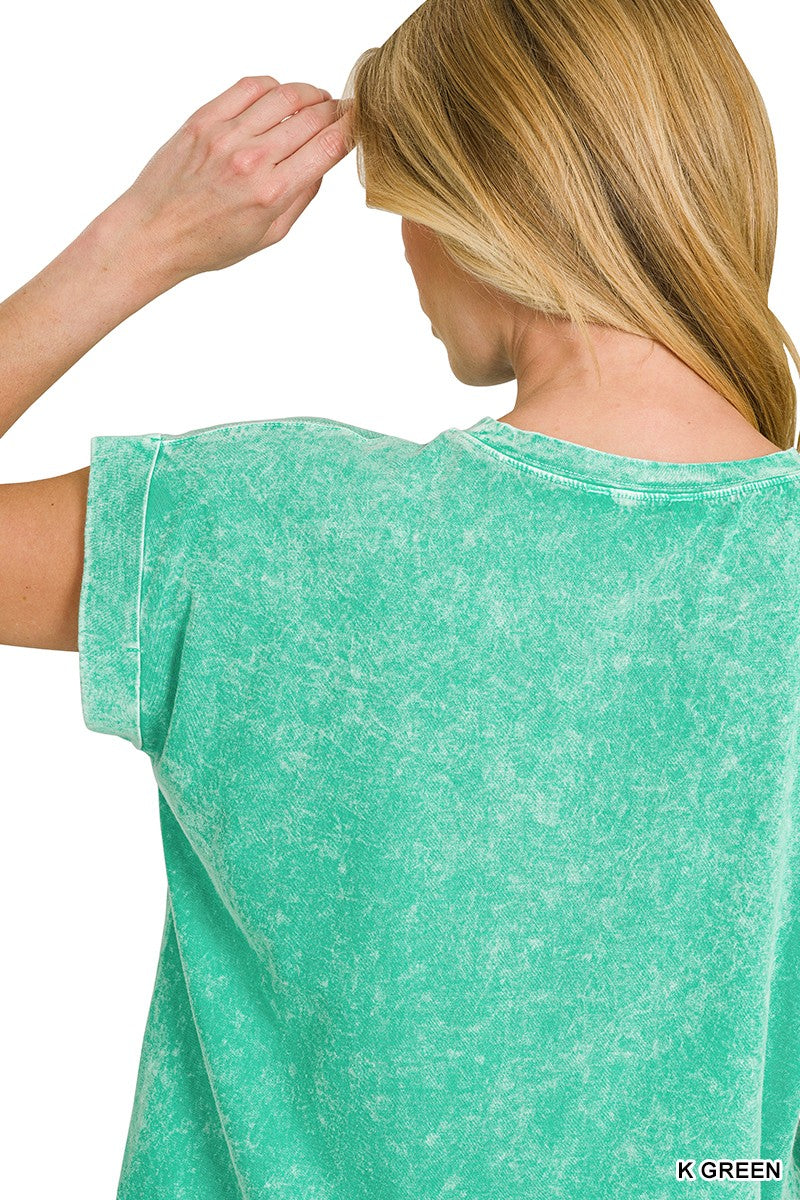 Zenana Halo Snow Washed Cotton Cuffed Short Sleeve Top