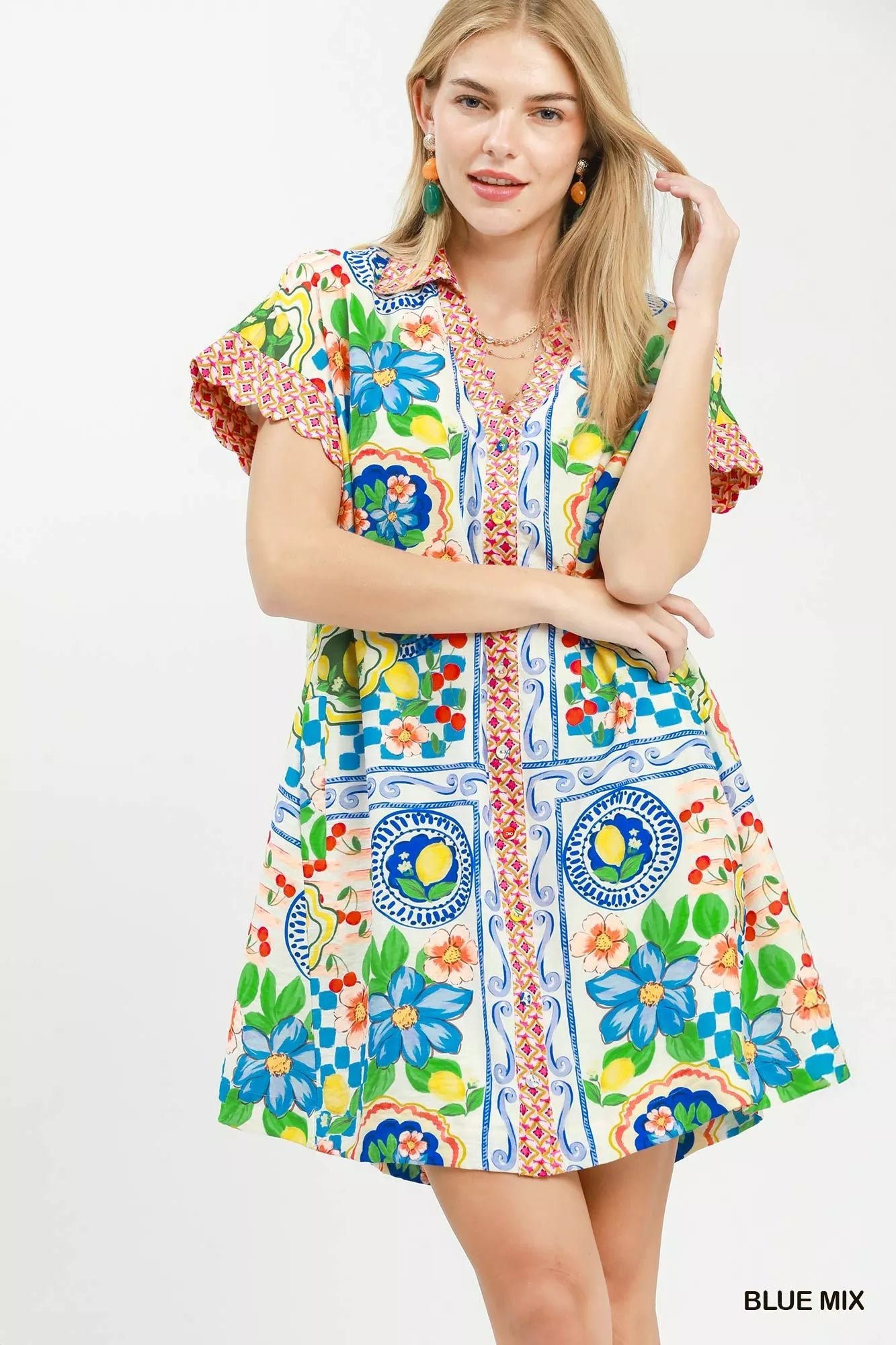 Umgee Mediterranean Print Dress with Contrast Printed Trim