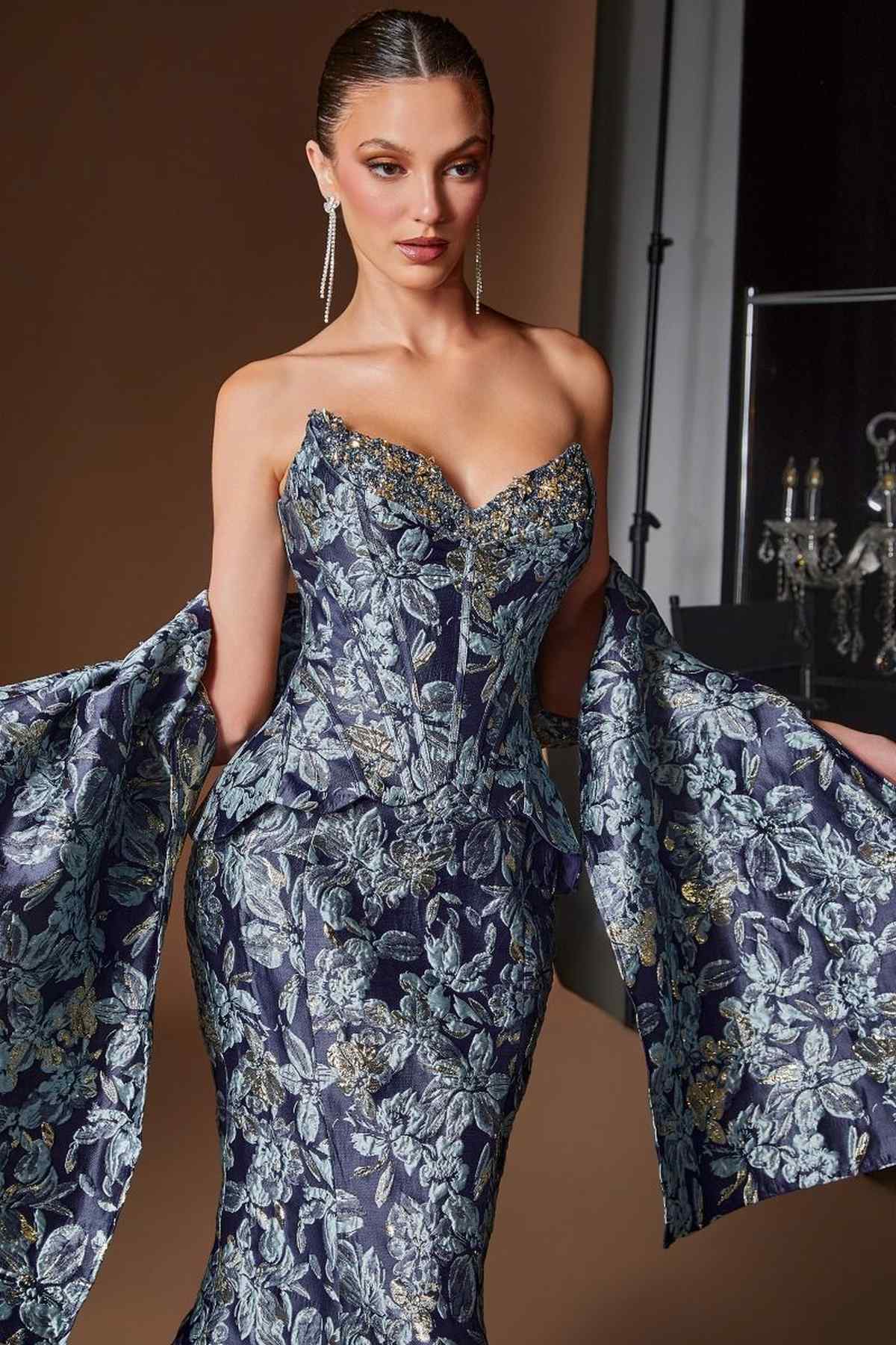 Ladivine CD655 Luxurious Floral Jacquard Fitted Mermaid Gown