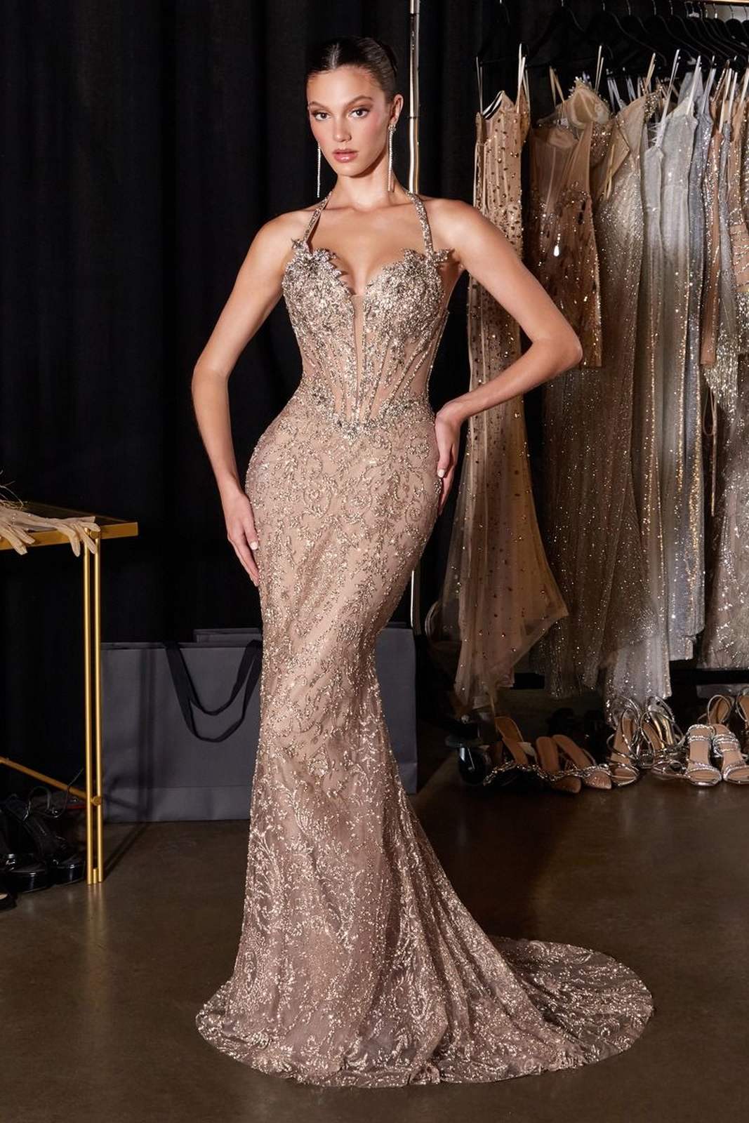 Ladivine CD695 Halter Neck Crystal Sequin Plunging Mermaid Dress