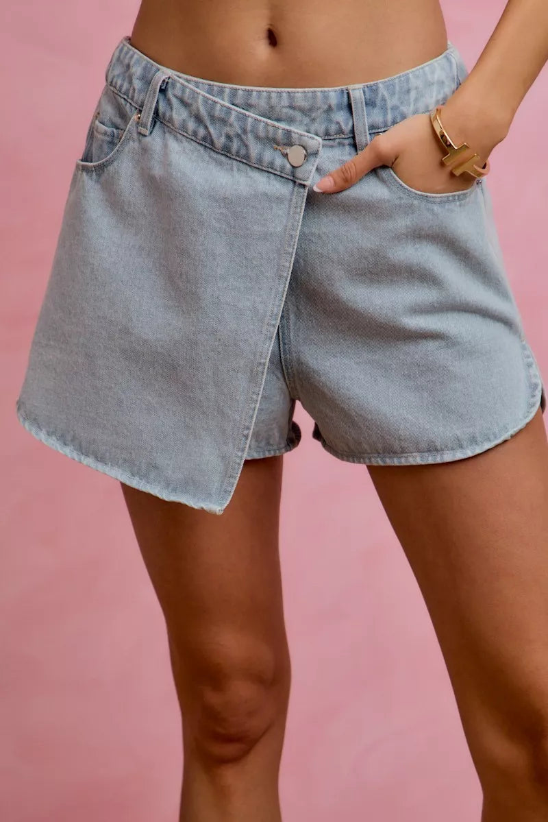 SO ME Washed Denim Wrap Skorts