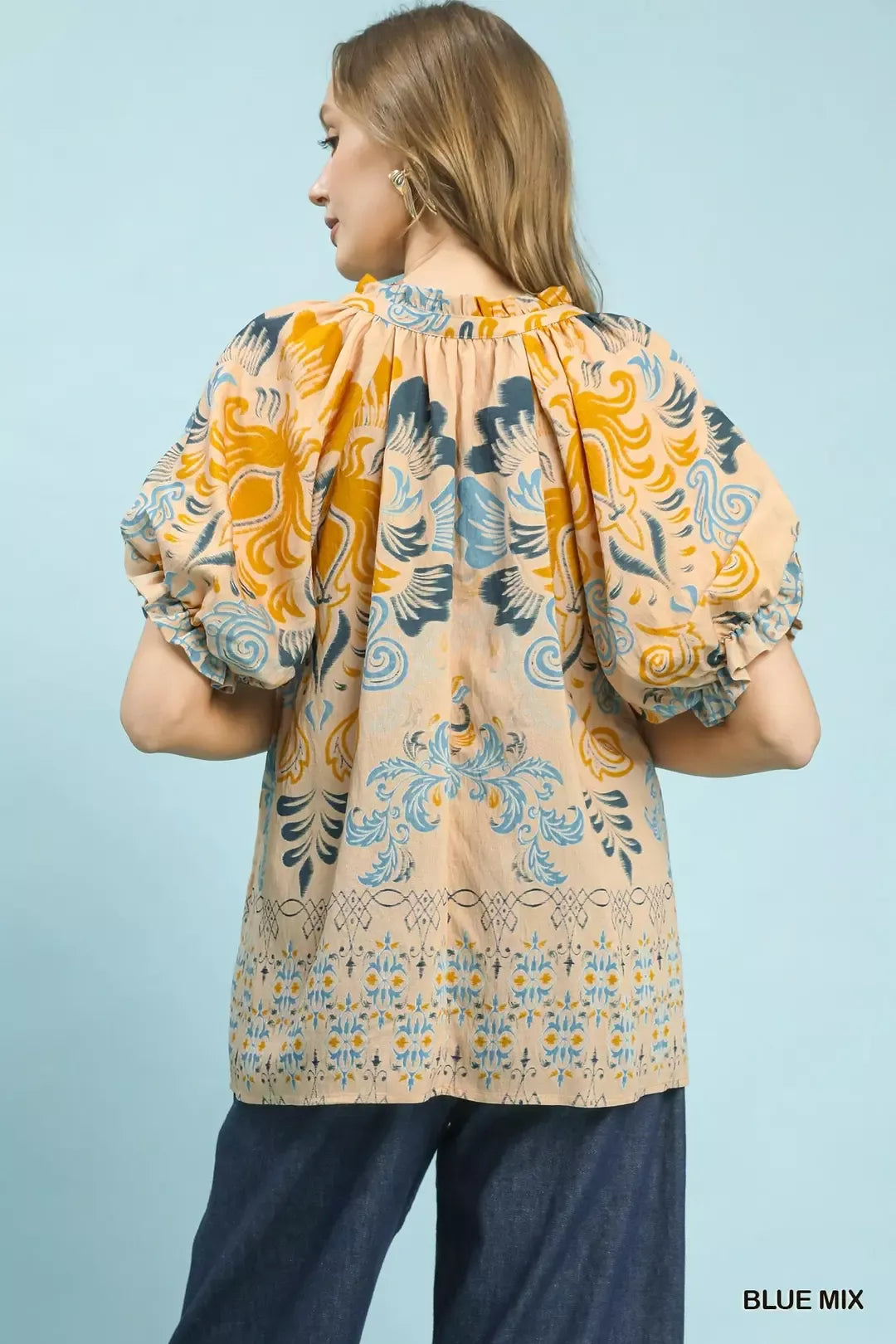 Umgee Border Print Puff Sleeve V-Neck Blouse