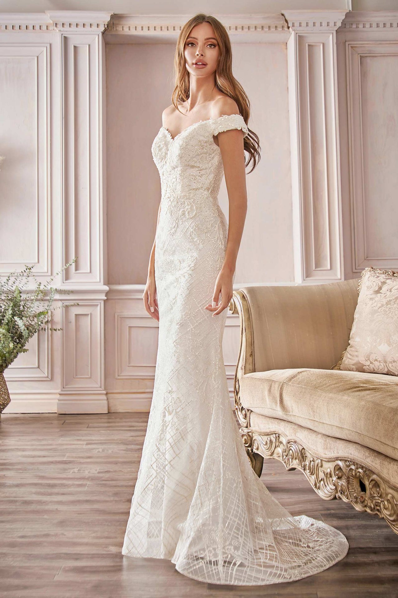 Cinderella Divine CD929 Fitted Off The Shoulder Bridal Gown Floral Lace Applique